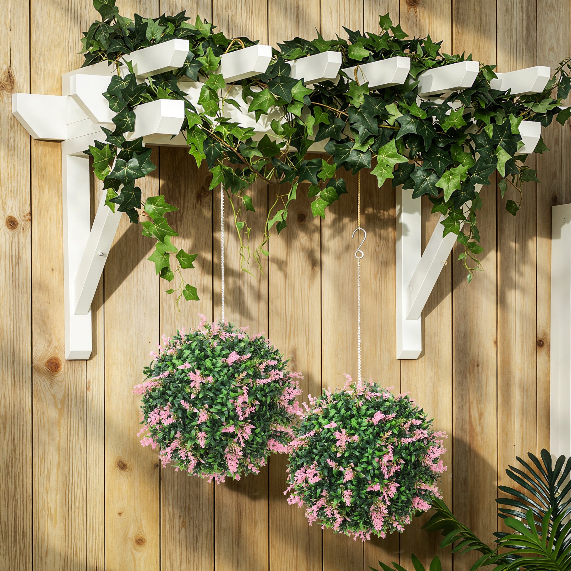 HOMCOM Set of 2 Artificial Plant Topiary Balls, UV-protected Fake Decorative Plants, Pink