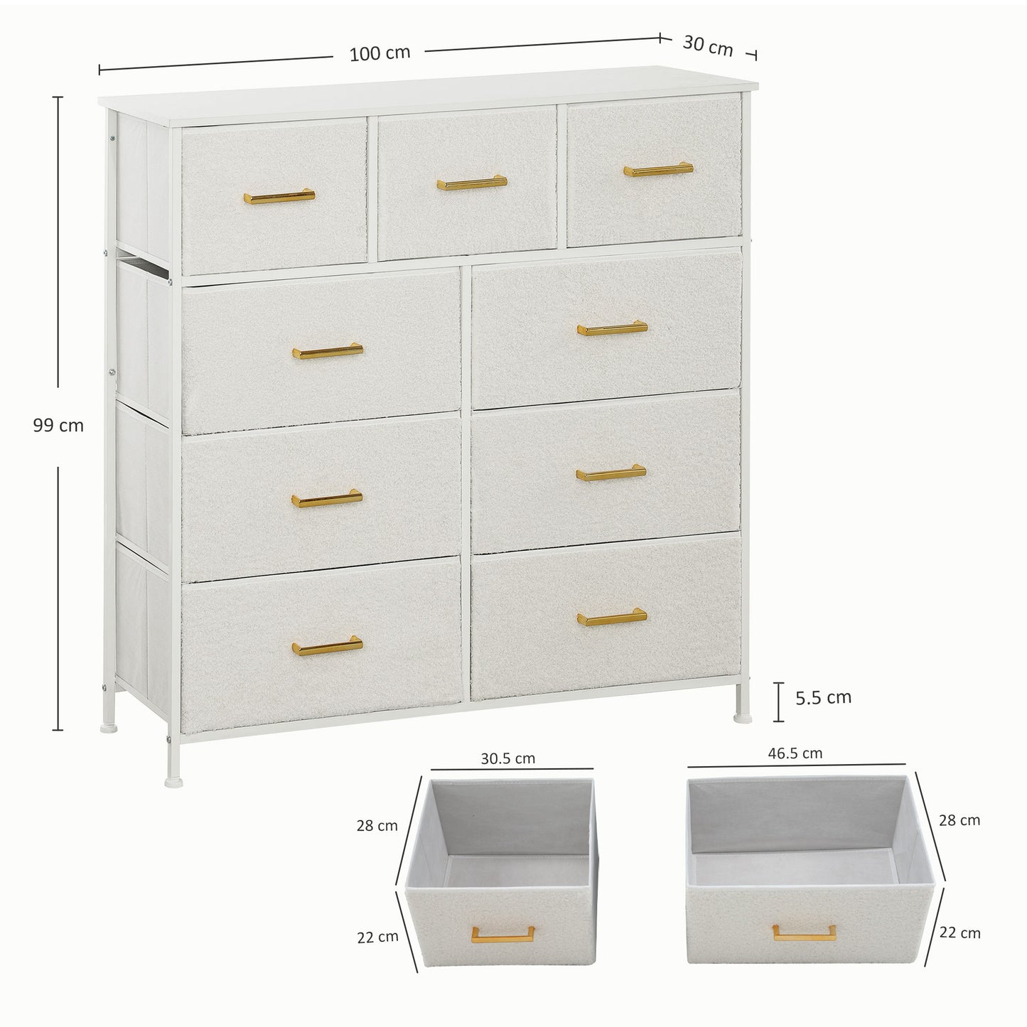 HOMCOM Chest of Drawers with 9 Fabric Drawers, Boucle Storage Organiser with Steel Frame, Fabric Dresser for Bedroom, Living Room, Hallway, Cream White