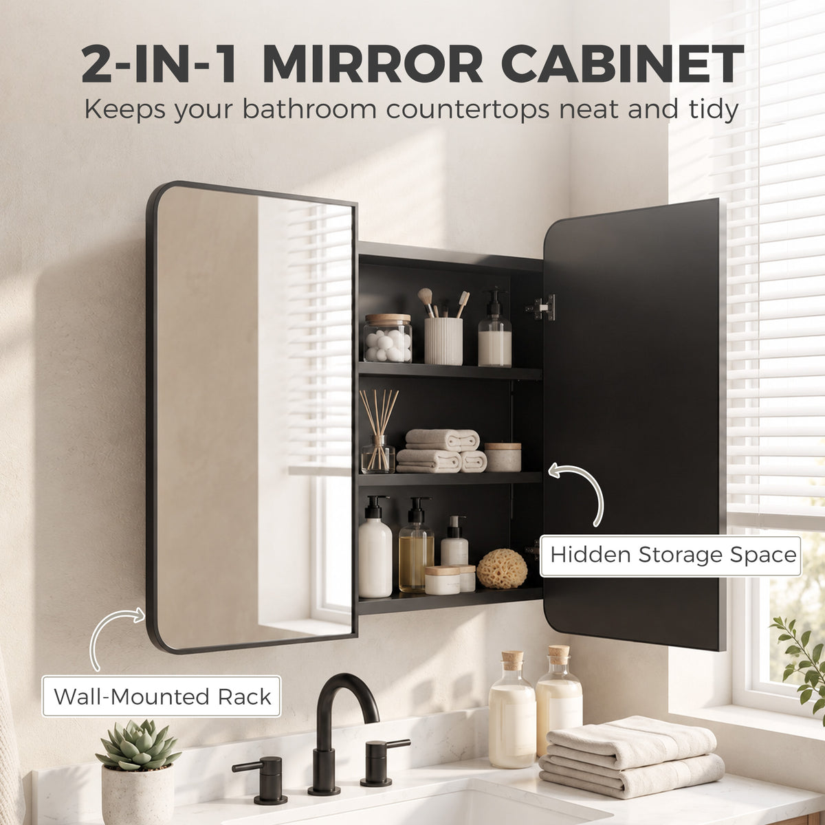 HOMCOM 76.2 x 11.6 x 61 cm Bathroom Mirror Cabinet, Wall Cabinet with Adjustable Shelves, Wall-Mounted or Recessed, Black