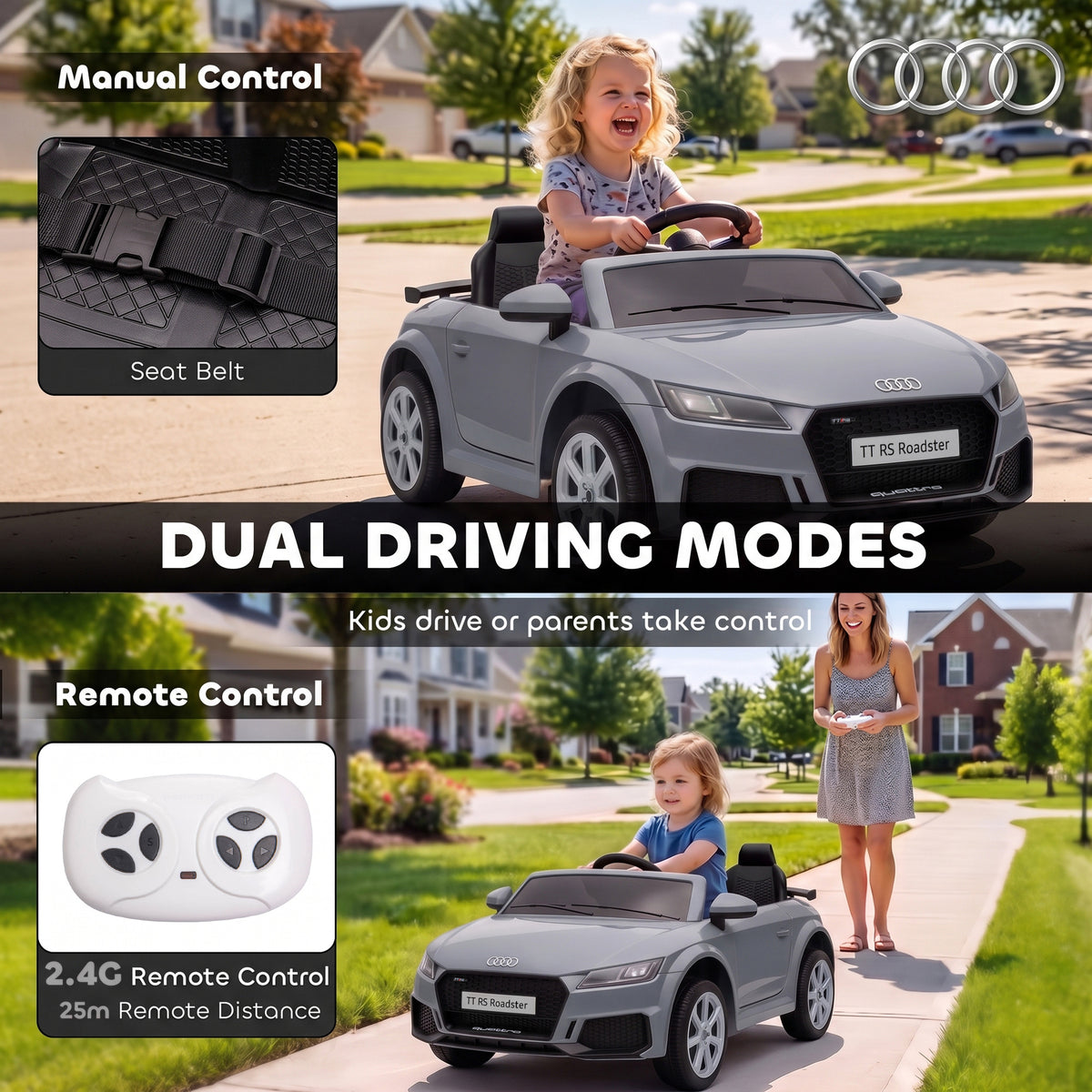 AIYAPLAY 12V Audi TT RS Licensed Electric Car, Electric Ride On Toy with Remote Control, Dual Motors, 4-Wheel Suspension, Grey