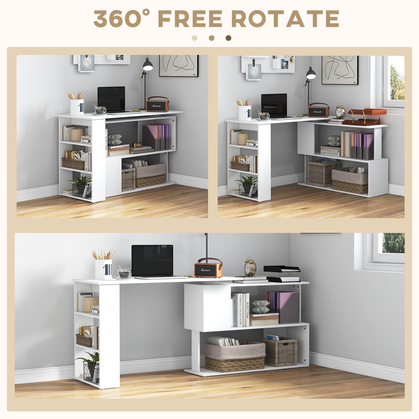 HOMCOM Corner Computer Desk, L Shaped Desk with 360Â° Rotating Bookshelf, 120L x 110W x 74.5H cm, White