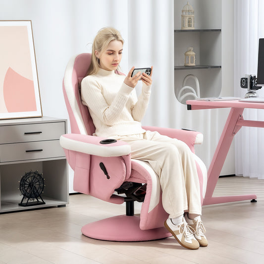 HOMCOM Manual Recliner Armchair PU Leather Lounge Chair w Adjustable Leg Rest, 135Â° Reclining Function, 360Â° Swivel, Pink