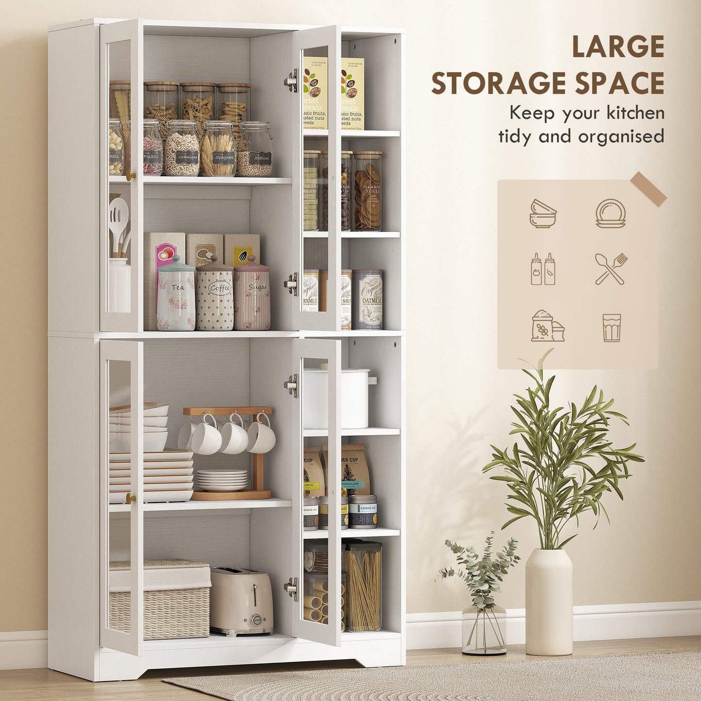 HOMCOM Multi-Storage Kitchen Cabinet, with Glass Doors - White Wood-Effect