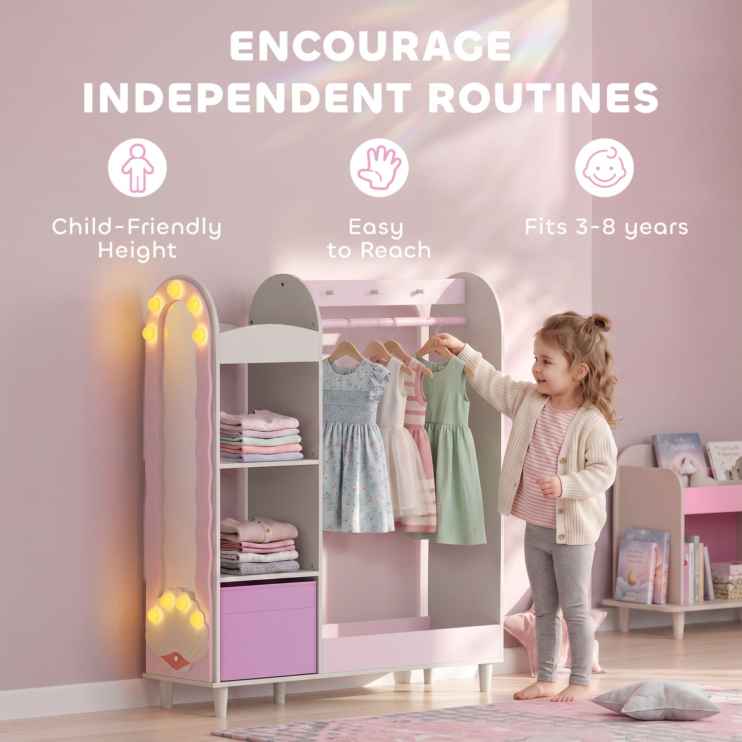 AIYAPLAY Kids Clothing Rack, Kids Wardrobe with Glowing Lights Mirror, Non-Woven Drawer and Shelves for Bedroom, Ages 3-8, Pink