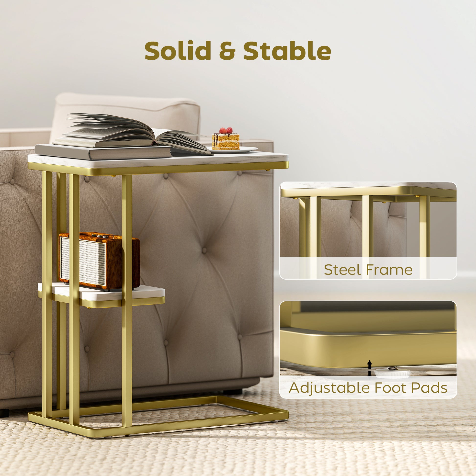 HOMCOM C-Shaped Narrow Side Table, 2-Tier Slim End Table, Nightstand for Small Spaces, Living Room, Bedroom, White Marble Grain