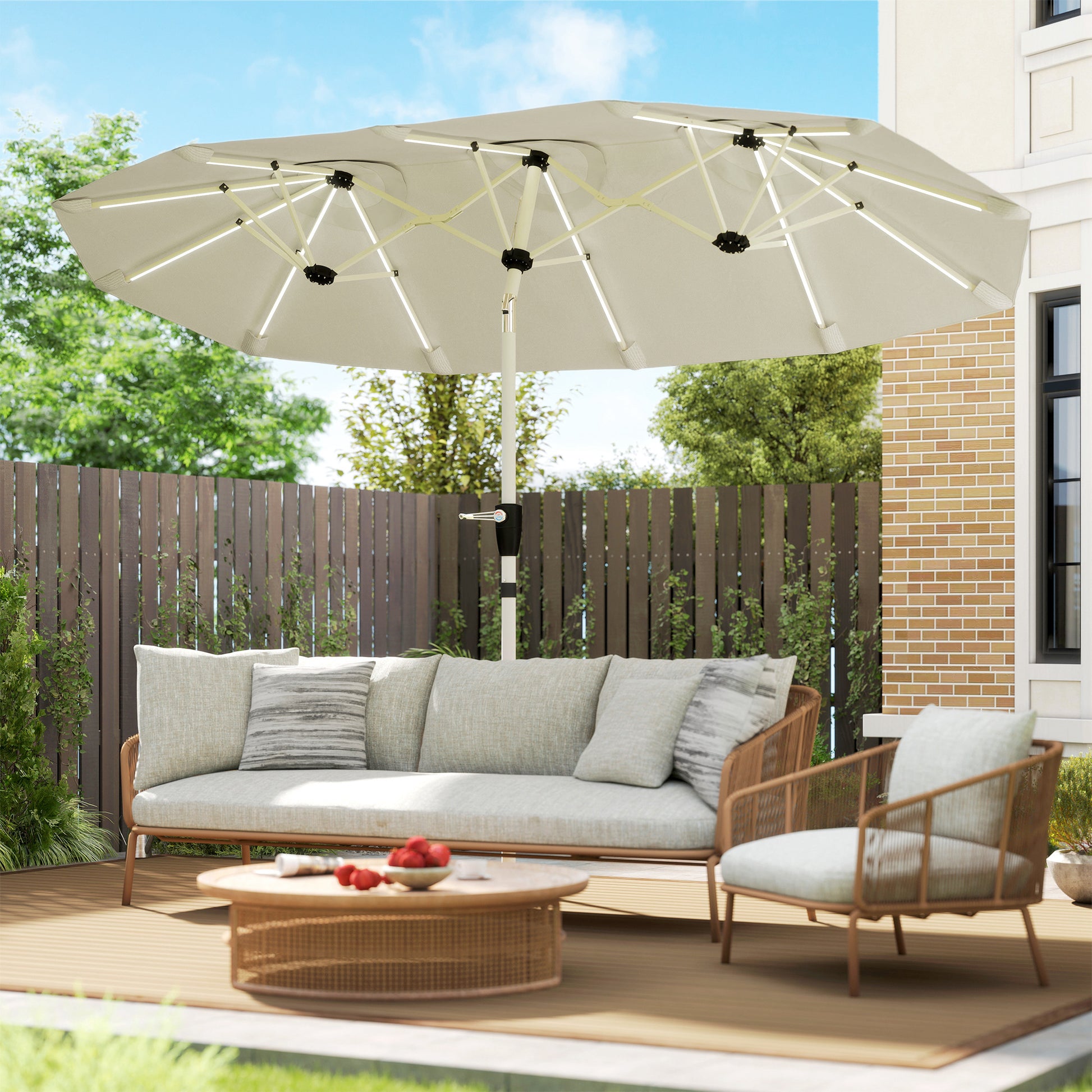 Outsunny 3 m Double-Sided Garden Parasol with LED Solar Lights, Outdoor Extra Large Sun Umbrella with Crank Handle, Cream White
