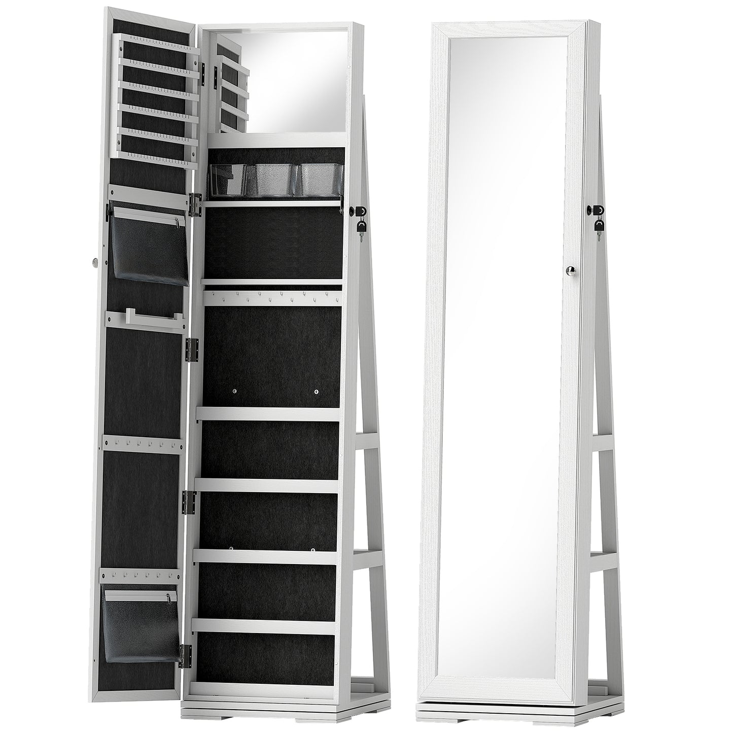 HOMCOM 360Â° Swivel Jewellery Cabinet, Free Standing Full Length Mirror with Storage, Lockable Jewellery Organiser with Built-in Makeup Mirror and Storage Shelves for Bedroom, White