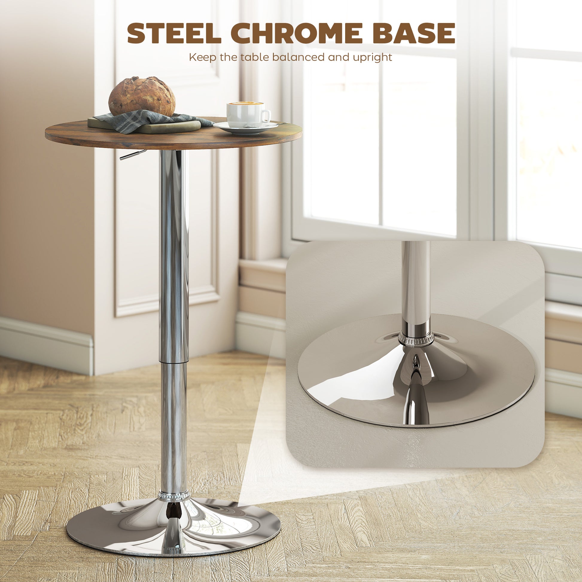 HOMCOM Round Bar Table, 360 Degree Swivel Counter Pub Table with Adjustable Height, for Kitchen, Cafe, Rustic Brown