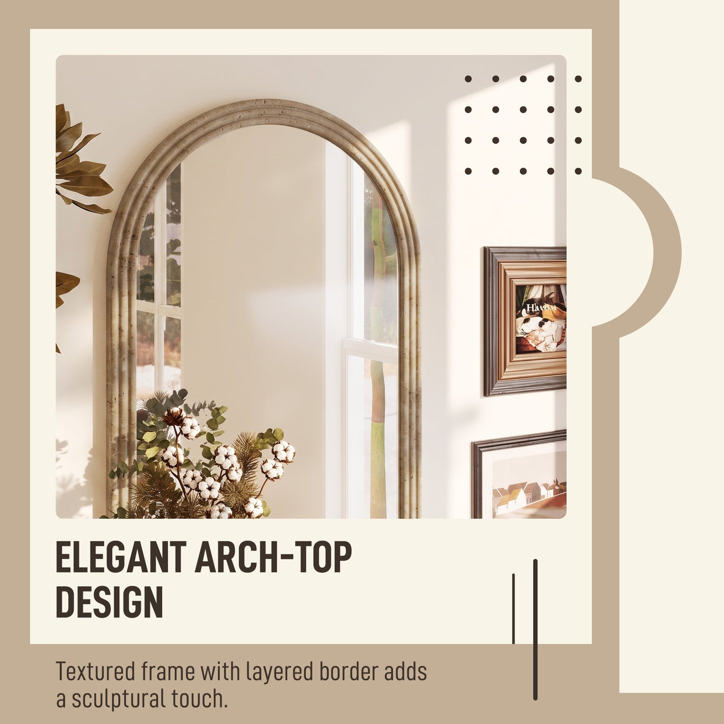 HOMCOM Modern Wall-Mounted Mirror, Arched Wall Mirror with Grooved Edge for Living Room, Entryway, Hallway, Brown
