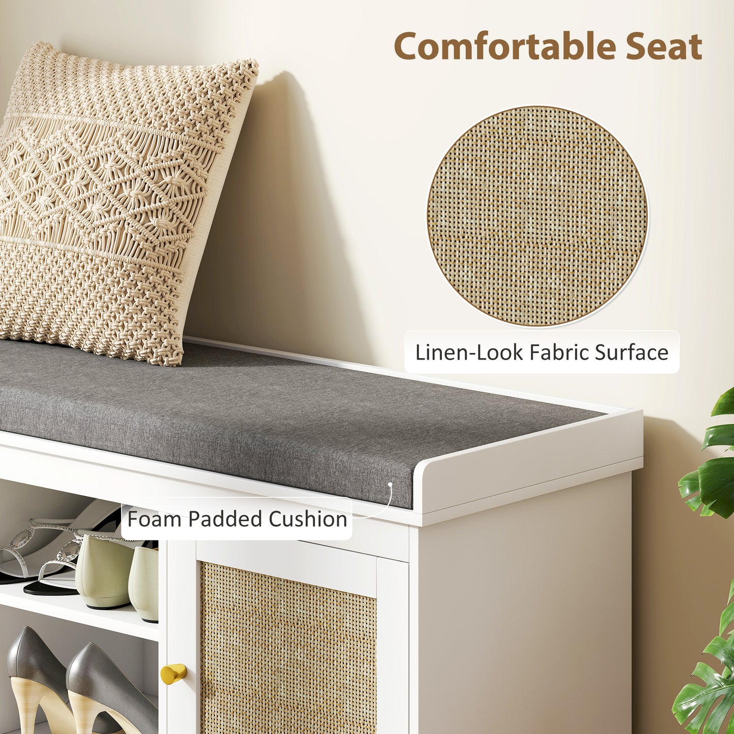 HOMCOM Boho Shoe Storage Bench with Padded Cushion and Rattan Doors - White