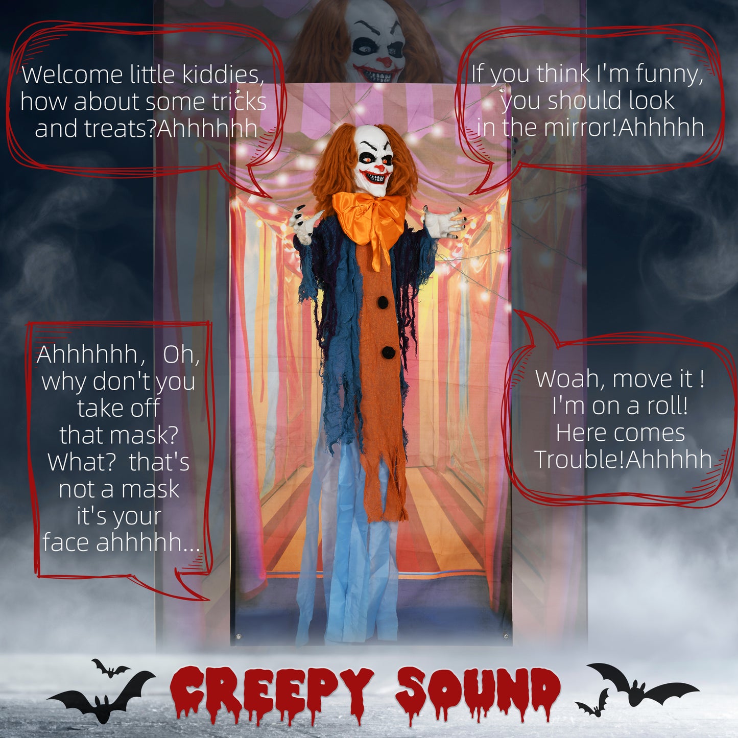 HOMCOM 168 cm Life Size Halloween Animated Standing Circus Clown with Red Light Up Eyes, Sound Activated Moving Arms & Body, Scary Clown Halloween Decorations, Battery Operated, Indoor Party Props