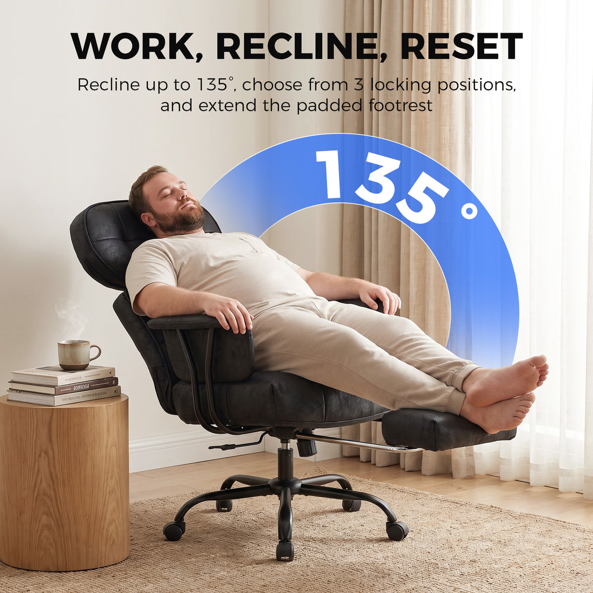 HOMCOM Office Chair, Big and Tall Desk Chair with Footrest, Wide Seat, Leathaire, Reclining Back, Swivel Wheels, Black