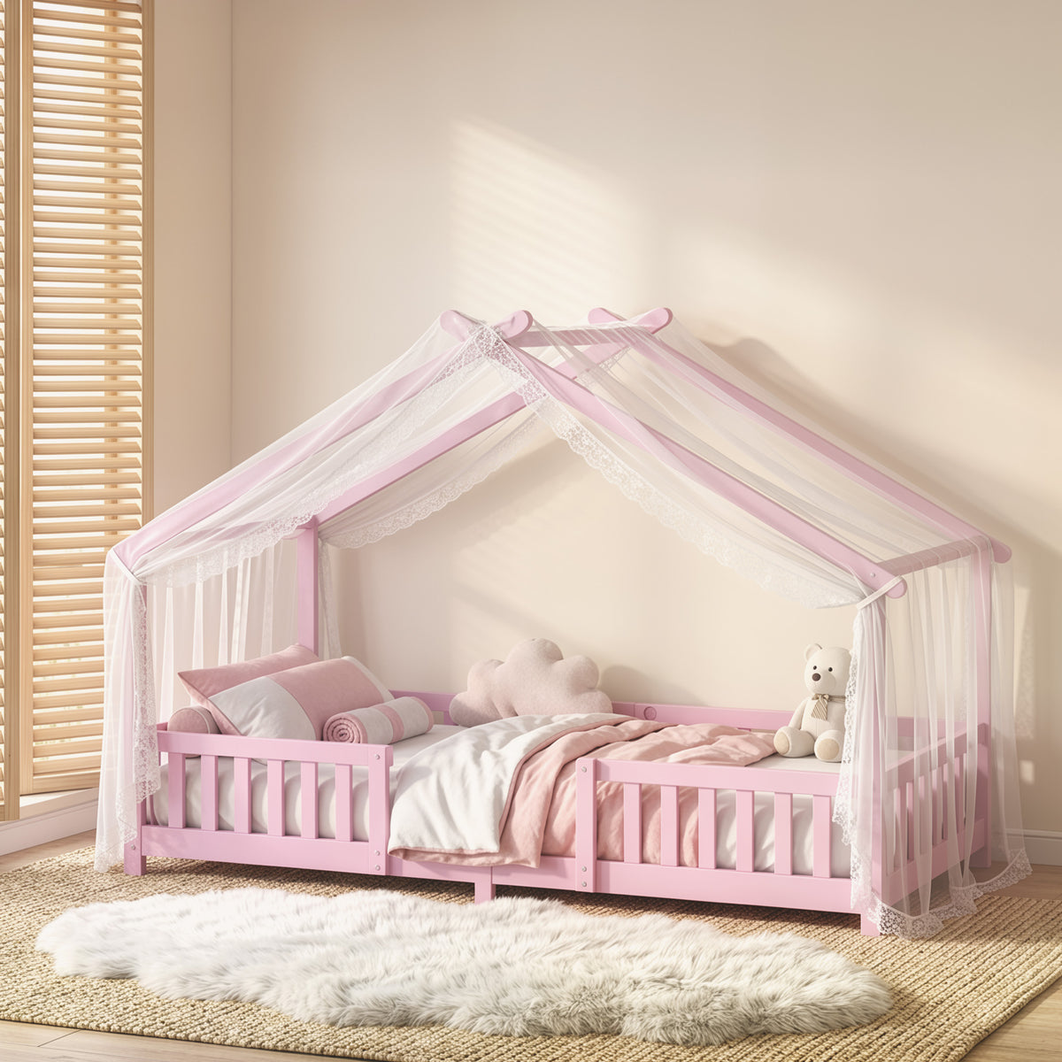 AIYAPLAY Wooden Kids House Single Bed Frame, Solid Pine Wood Toddler Bed with Dual Guardrails for Children, Boys, Girls, Pink
