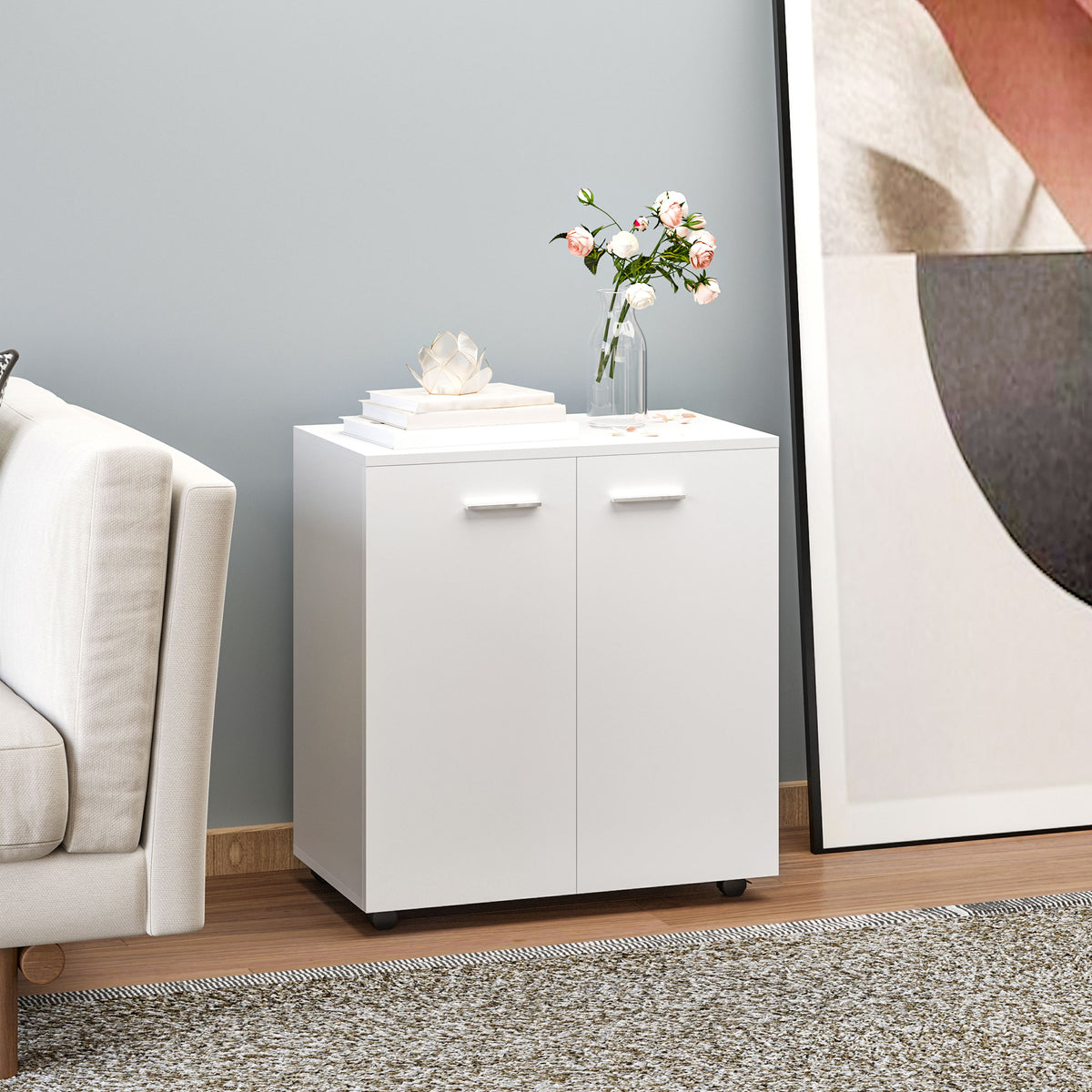 HOMCOM Mobile Sideboard Cabinet, Sideboard Storage Cabinet with 2 Doors and Internal Shelf for Office, 60 x 35 x 65 cm, White