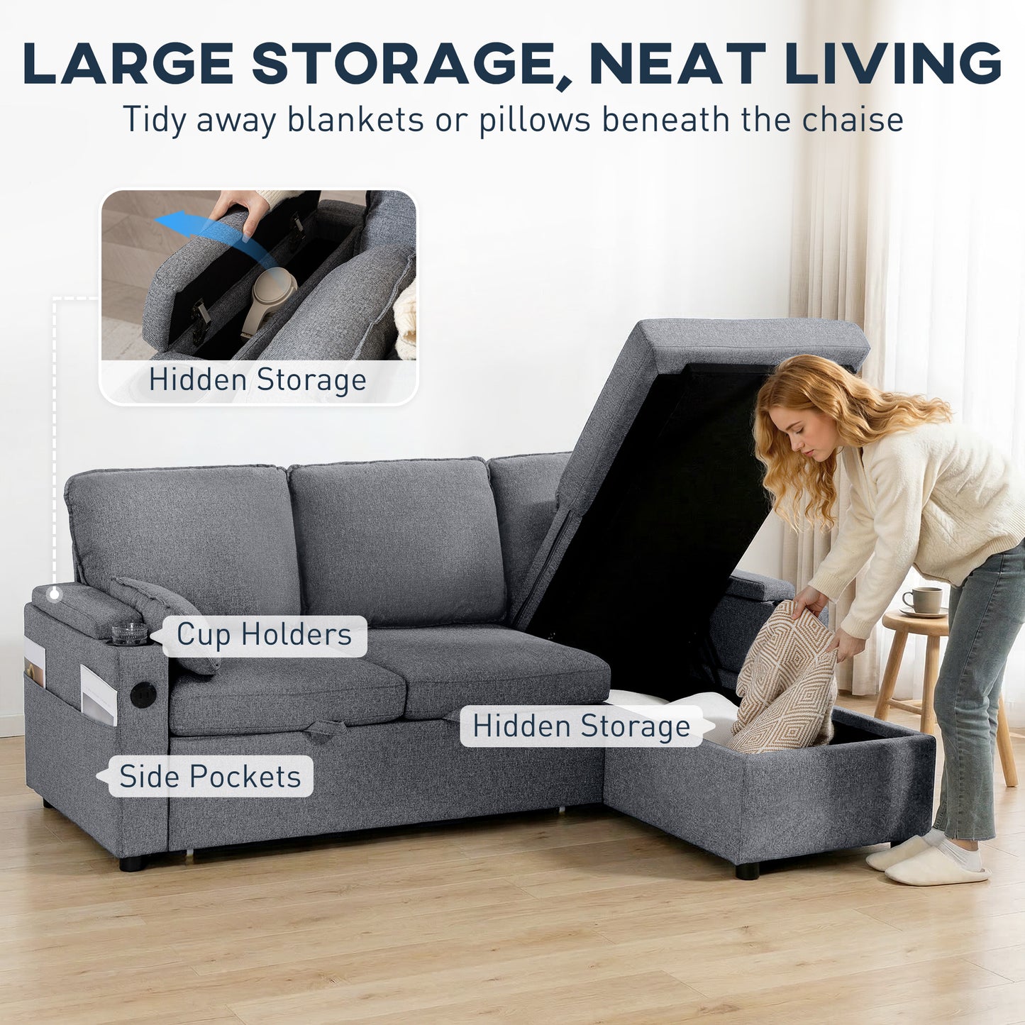 HOMCOM Corner Sofa Bed, L Shaped Sleeper Sectional Sofa with Reversible Storage Chaise, Grey