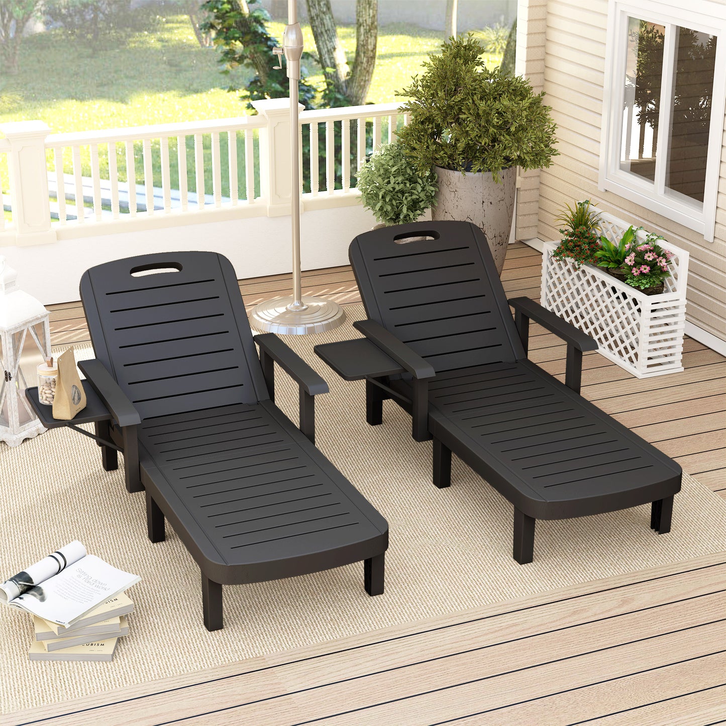 Outsunny Set of 2 Reclining Sun Loungers, 5 Positions Adjustable Outdoor Chaise Lounge Chair with Armrests, Black