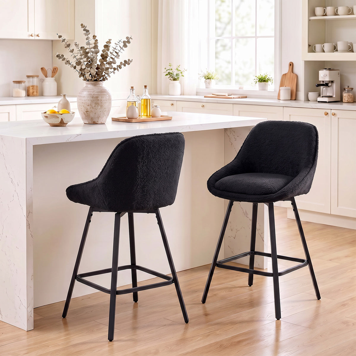 HOMCOM Bar Stools Set of 2, 64 cm Modern Linen-Touch Fabric 360Â° Swivel Counter Height Bar Chairs, Black