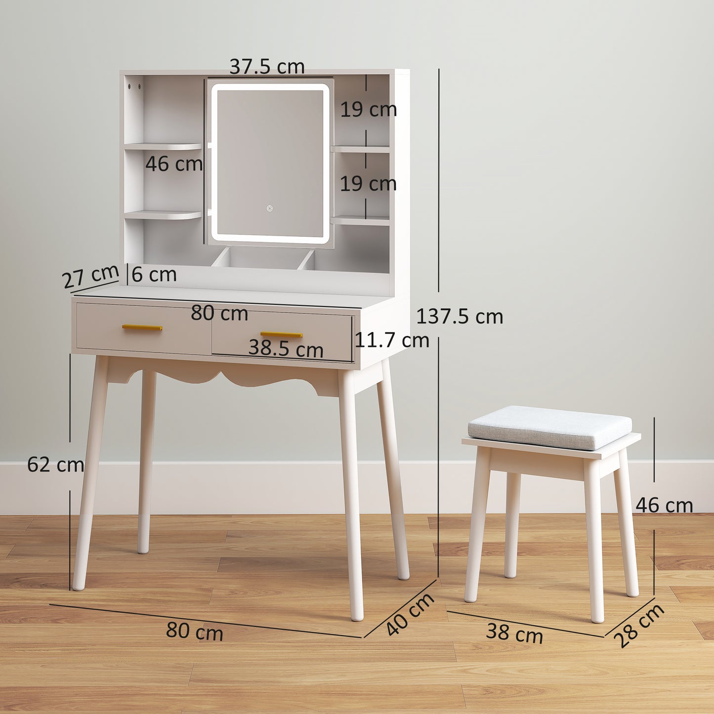 HOMCOM Elegant Dressing Table, with LED Mirror - White