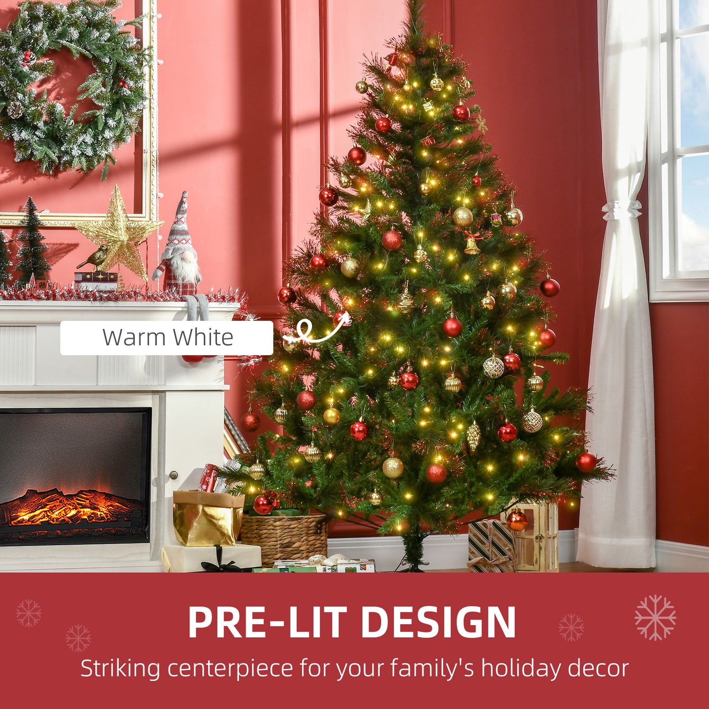 HOMCOM 1.8m 6ft Pre-Lit Christmas Tree Artificial Spruce Xmas Tree Warm White LED Holiday DÃ©cor with Metal Stand