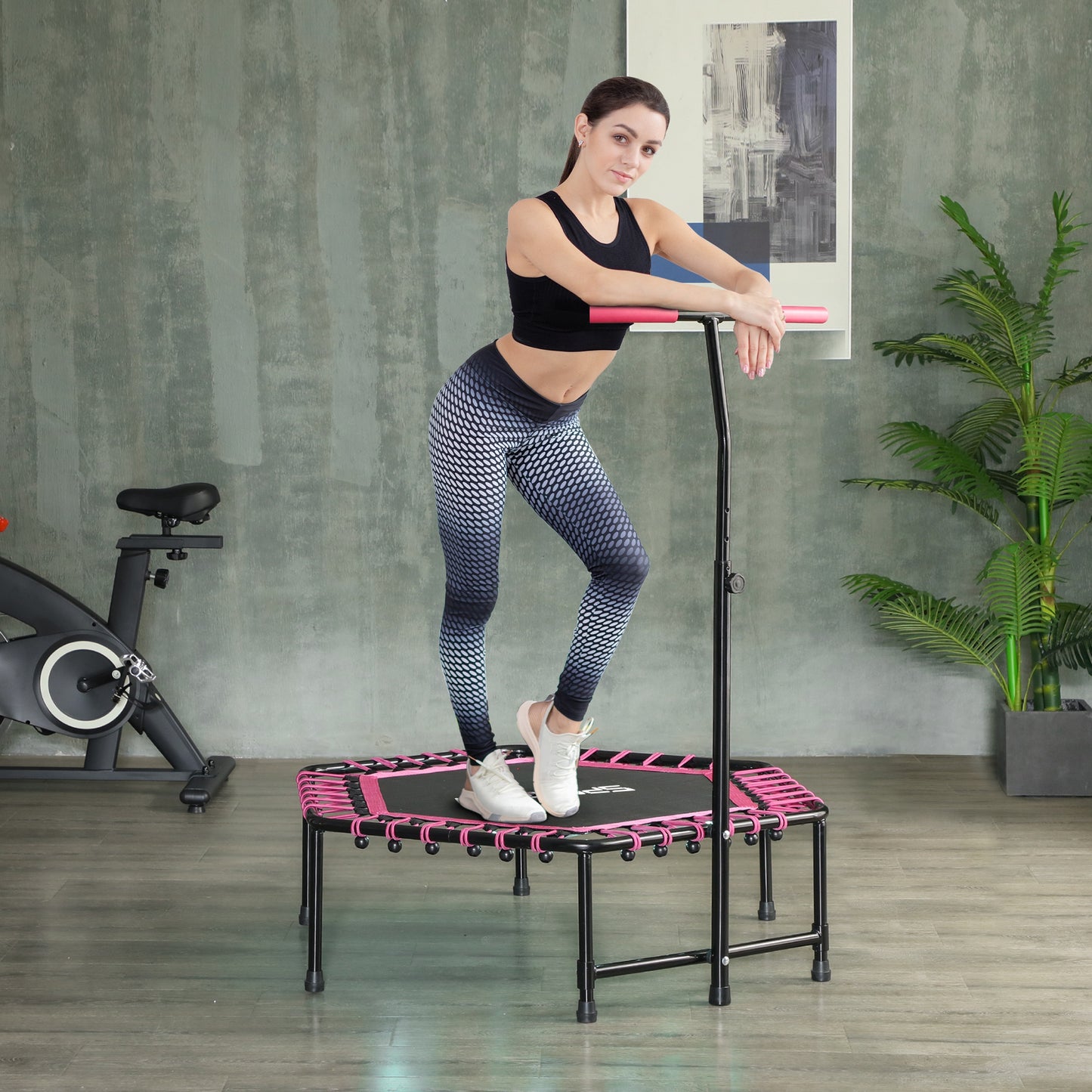 SPORTNOW 45" Rebounder Trampoline for Adults, Quiet Bungee Rebounder with LED Lights and Adjustable Handle, Pink