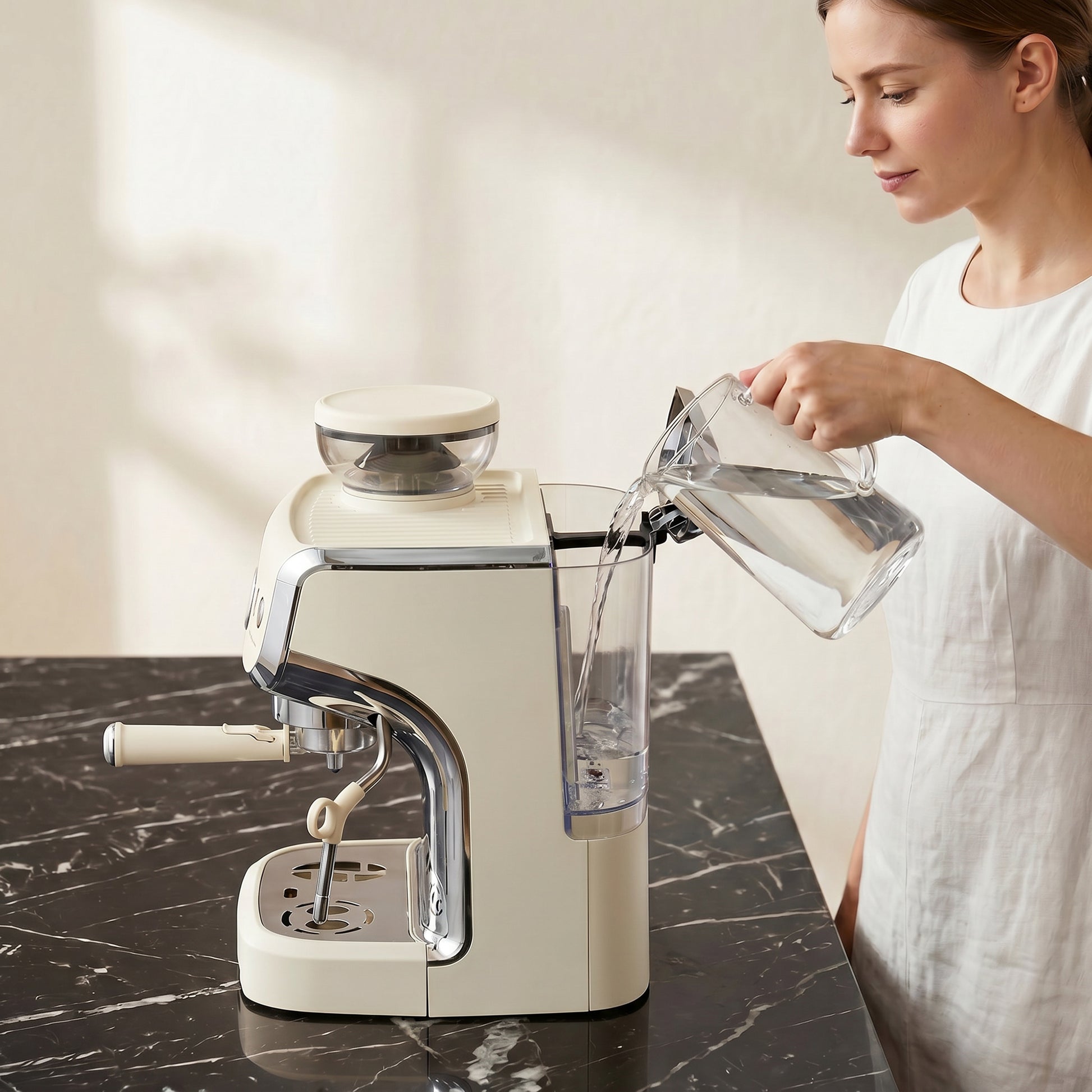 HOMCOM Bean to Cup Coffee Machine, Espresso Machine with Integrated Bean Grinder & Steam Wand, Cream White