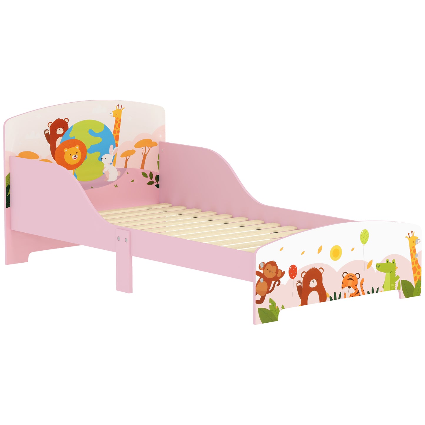 AIYAPLAY Cute Animal-Themed Toddler Bed, with Safety Rails, 143 x 77 x 60cm, Pink