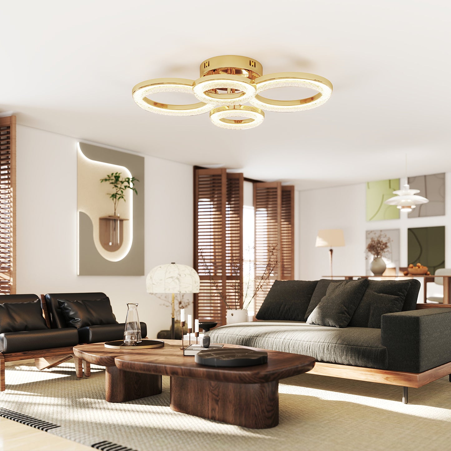 HOMCOM LED Ceiling Light, Modern 4 Rings Ceiling Lamp with Wall Switch Control, 40W 4350lm Flush Mount Ceiling Light with 3500K/4500K/6000K Colour Temperatures for Living Room, Bedroom, Gold Tone