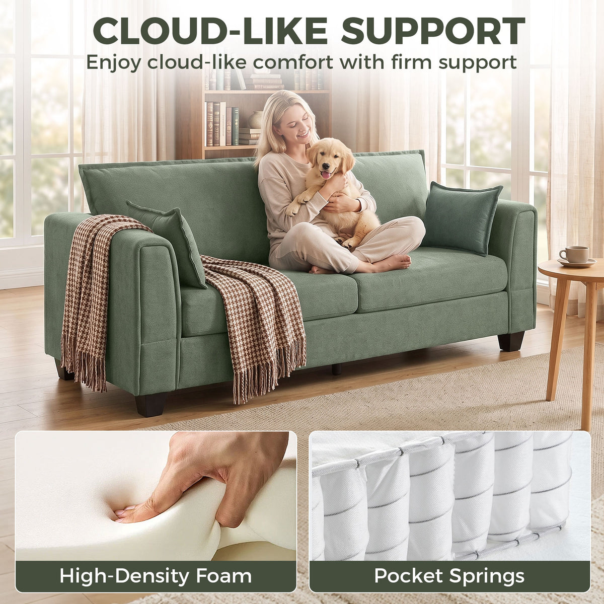 HOMCOM 3 Seater Sofa, Linen Upholstered Sofa Couch with Spring Cushions, Thick Padding, Wide Padded Armrests, Green