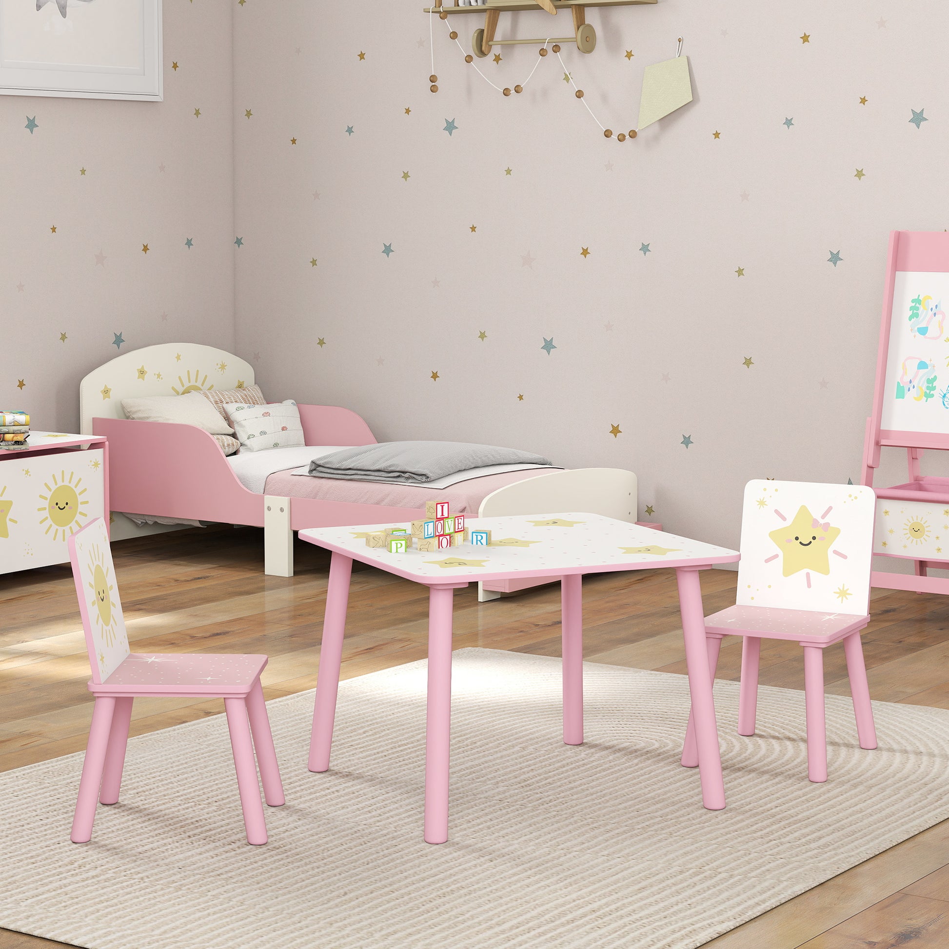 AIYAPLAY 3-Piece Toddler Table and Chair Set, Kids Table with 2 Chairs Set for Bedroom, Nursery, Playroom, Pink