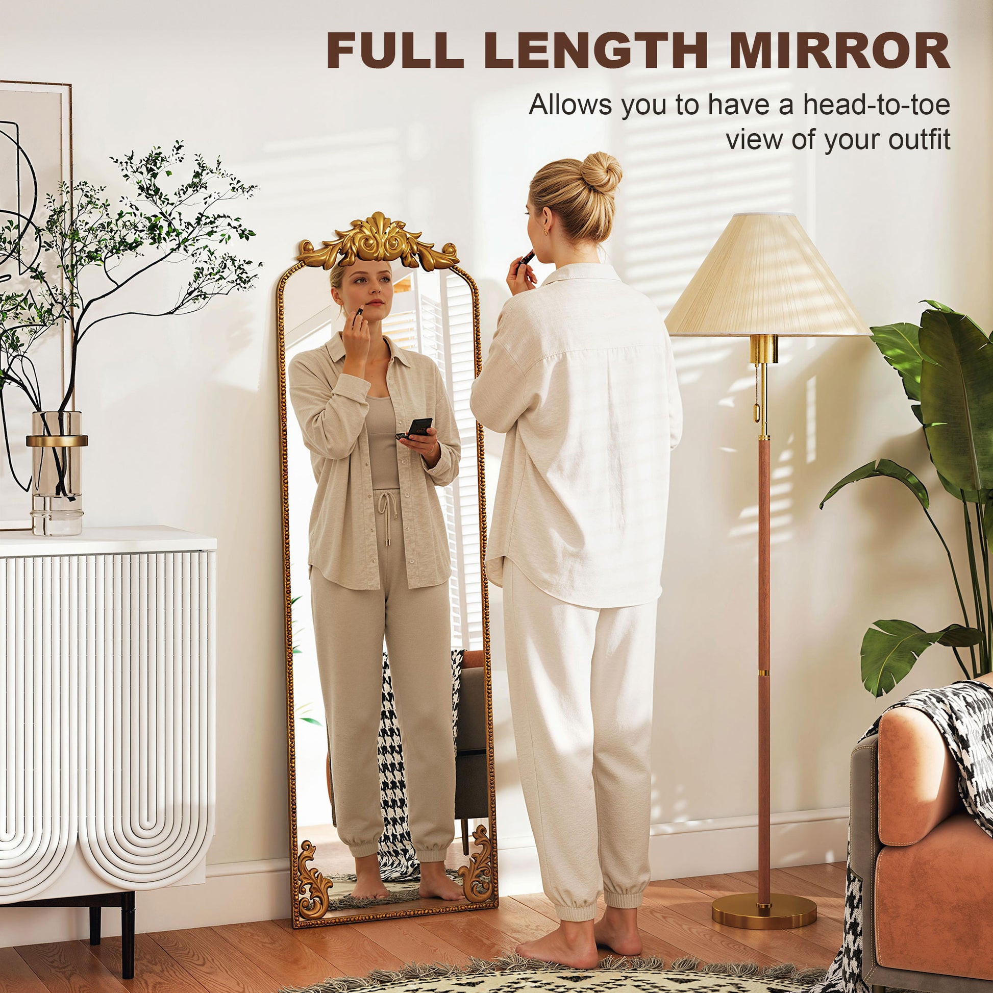HOMCOM Full Length Mirror, 50 x 160 cm Floor Mirror with Baroque Metal Frame for Bedroom, Living Room, Dressing Room, Gold Tone