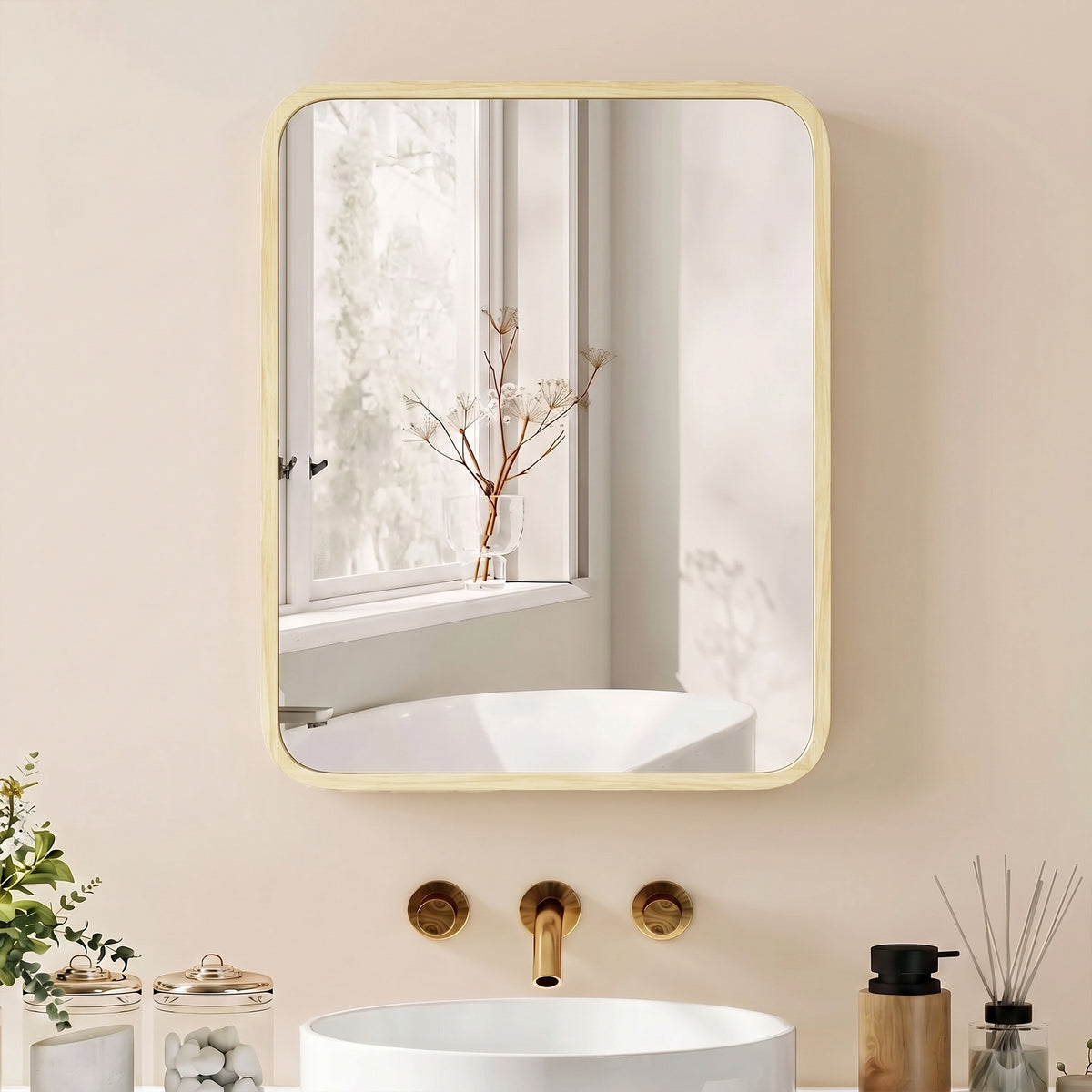HOMCOM Bathroom Medicine Mirror Cabinet, Bathroom Wall Cabinet w/ Storage, Magnetic Door, Adjustable Shelf, Natural Wood Finish