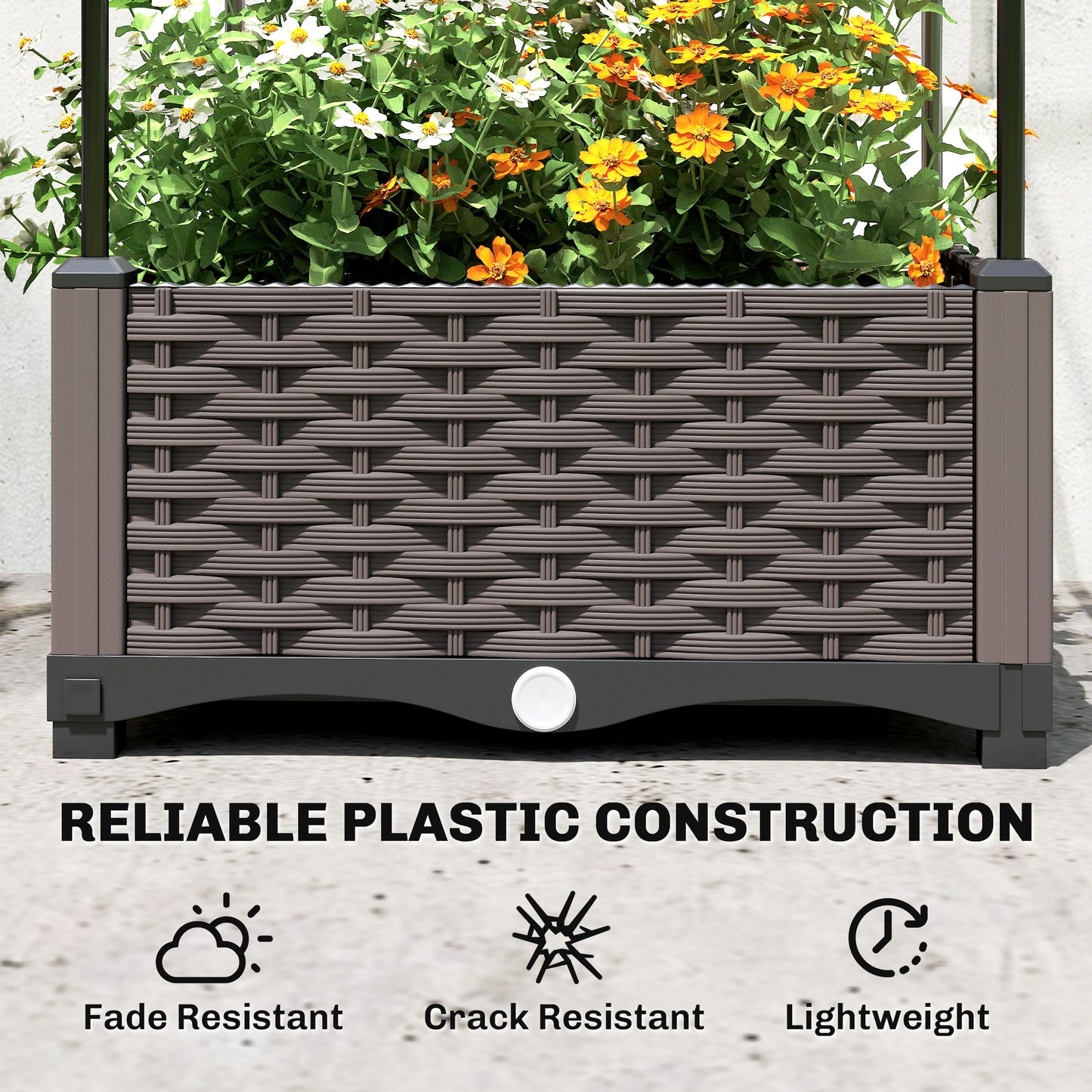 Outsunny Raised Garden Bed with Trellis, Plastic Planter Box with Drainage Holes, Drain Plugs and Water Reservoirs