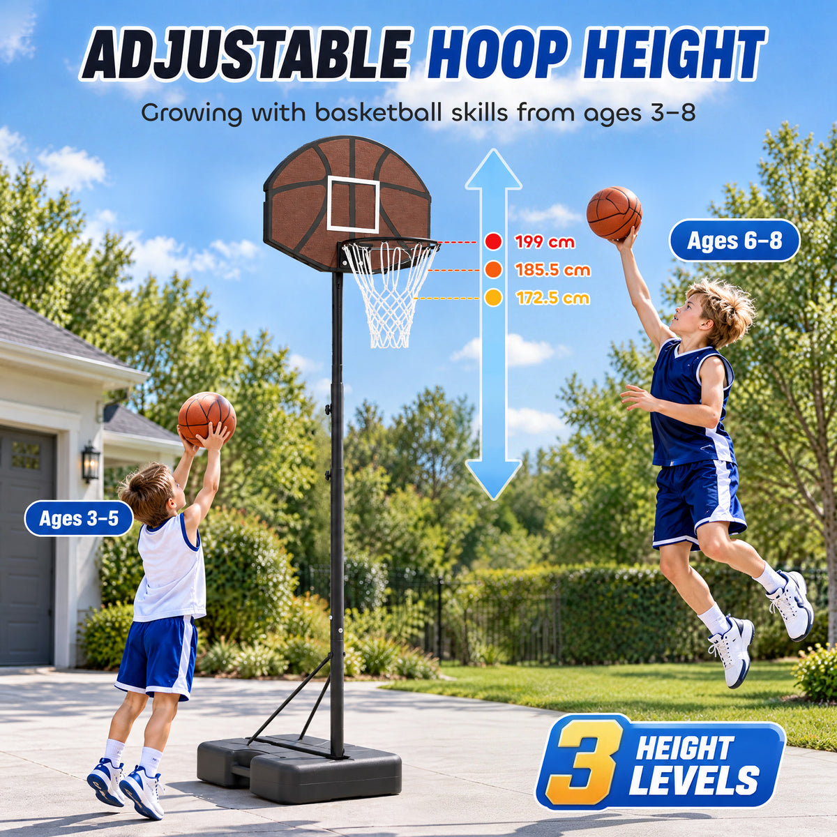 AIYAPLAY Kids Basketball Hoop and Stand, Adjustable Height, 172.5 /185.5 /199 cm, Outdoor Play Game Toys for Ages 3â€“8, Black