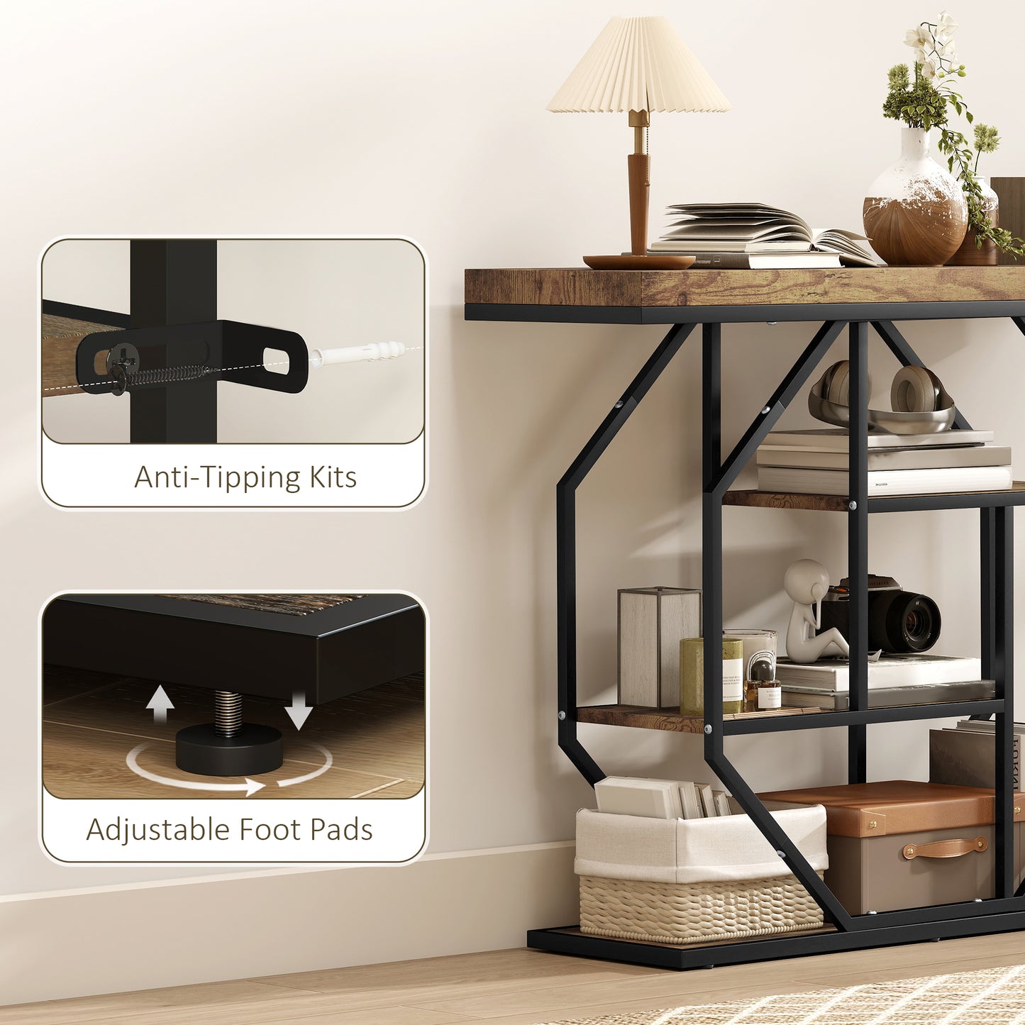 HOMCOM 4-Tier Industrial Console Table - Rustic Brown