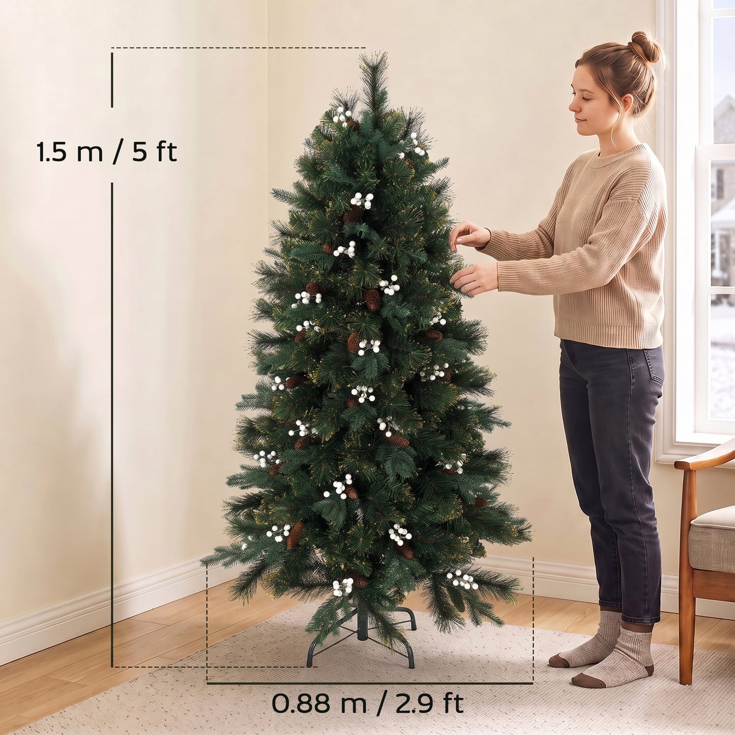 HOMCOM 5ft Artificial Christmas Tree, Fir Hinged Xmas Tree with 490 Branch Tips, Foldable Metal Stand, Easy Assembly, Green