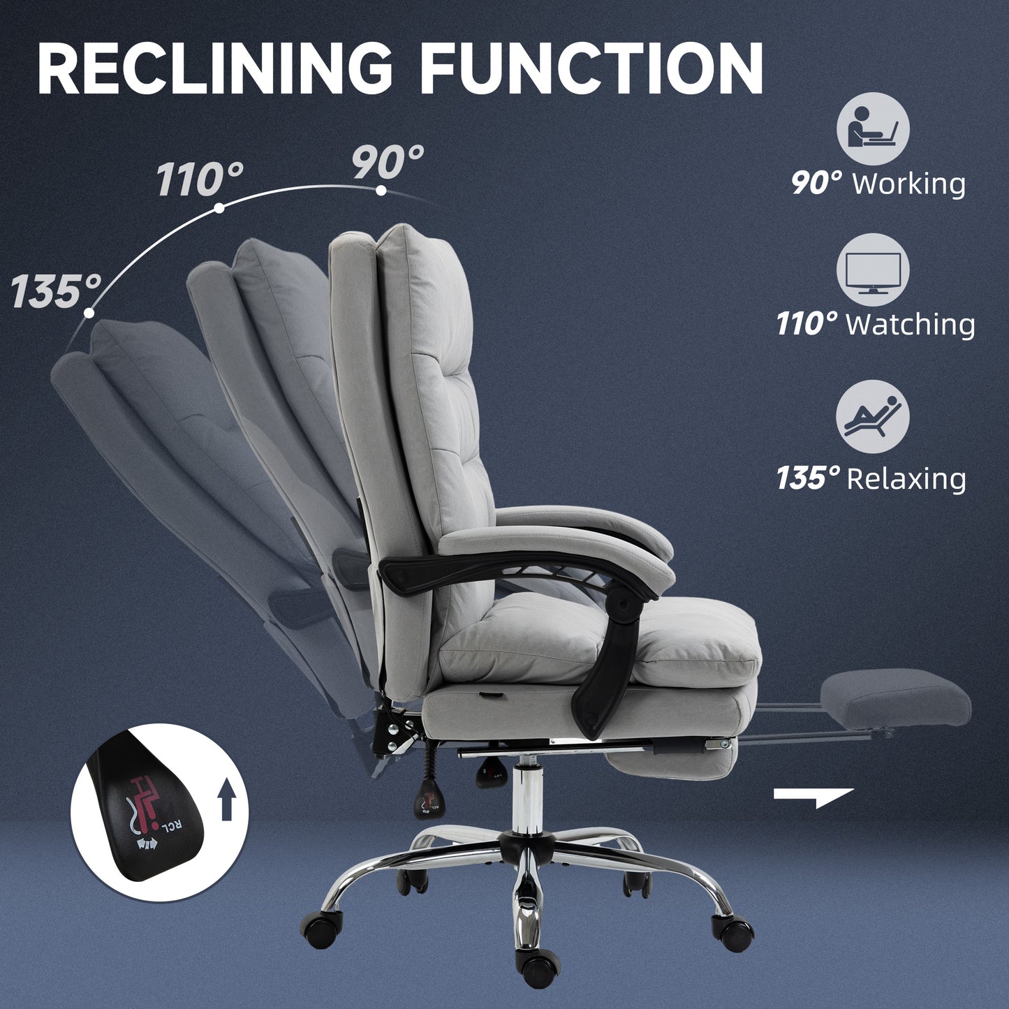 Vinsetto Office Chair with Footrest, Double Padding Ergonomic Desk Chair with 6-Point Vibration Massage and Back Heating, Microfibre Fabric with 135Â° Reclining Back, Grey