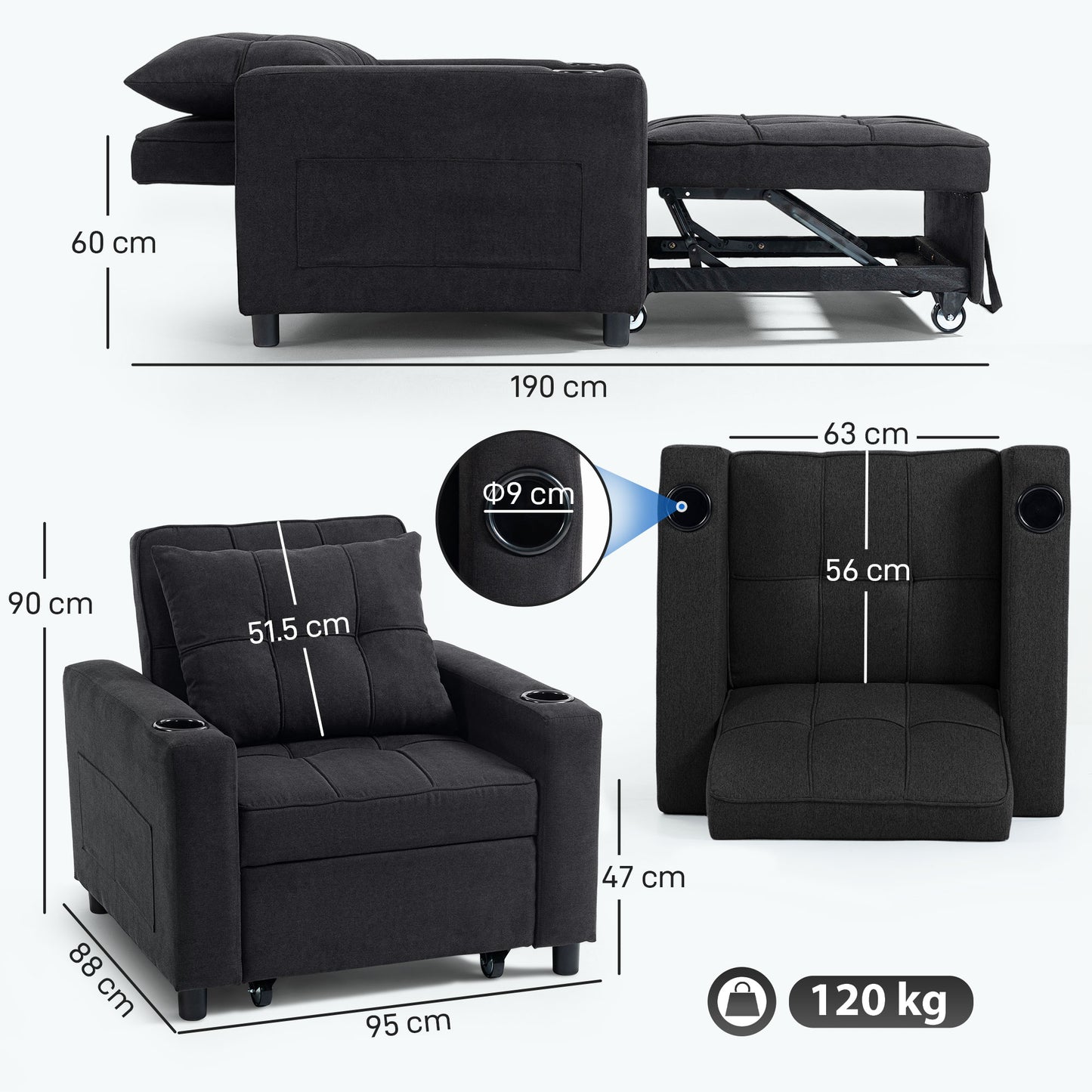 HOMCOM 3-in-1 Single Sofa Bed, Convertible Sleeper Chair Bed - Black