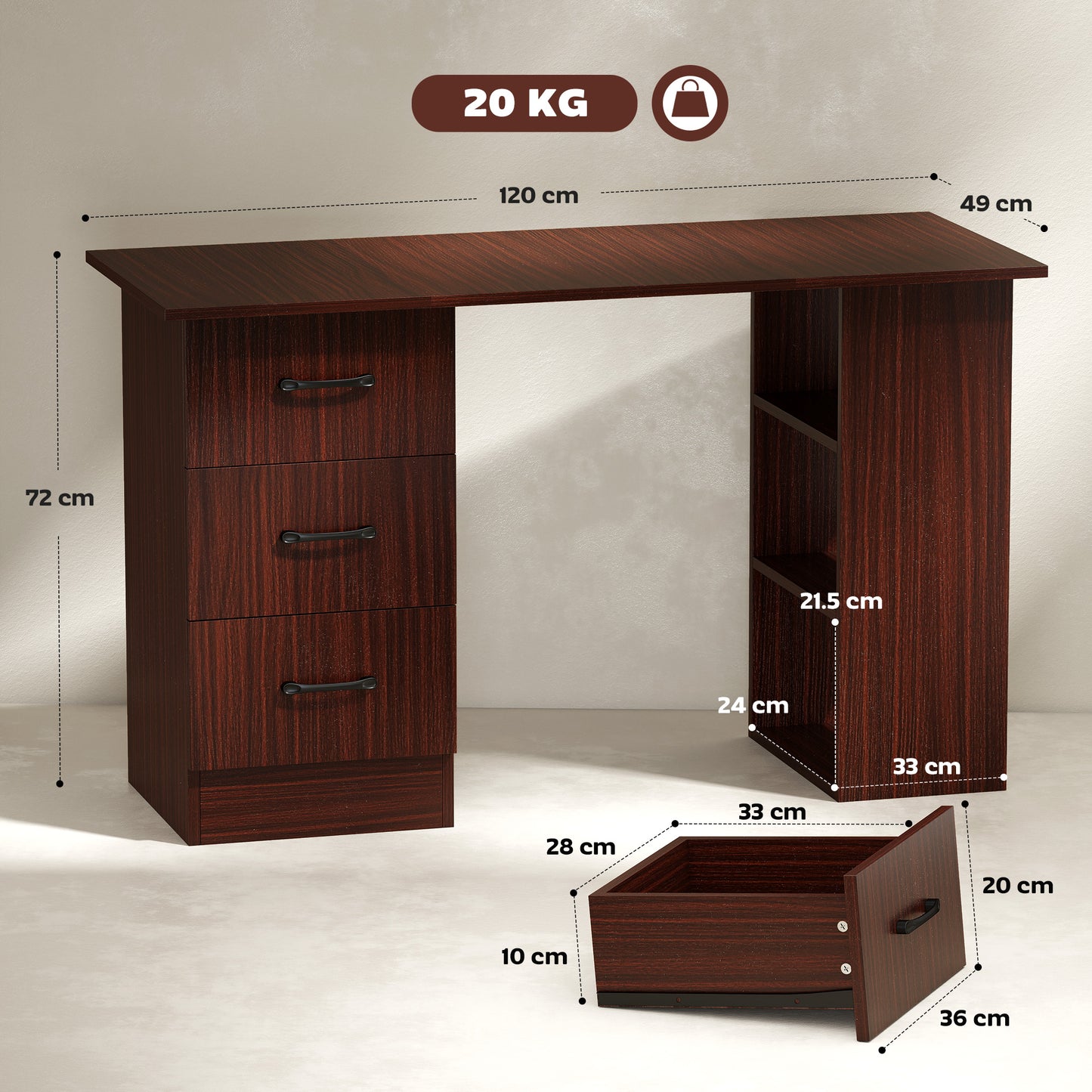 HOMCOM Computer Desk, Writing Table, PC Workstation with 3 Storage Shelves and Drawers, Black Handle, for Home Office, Walnut Brown