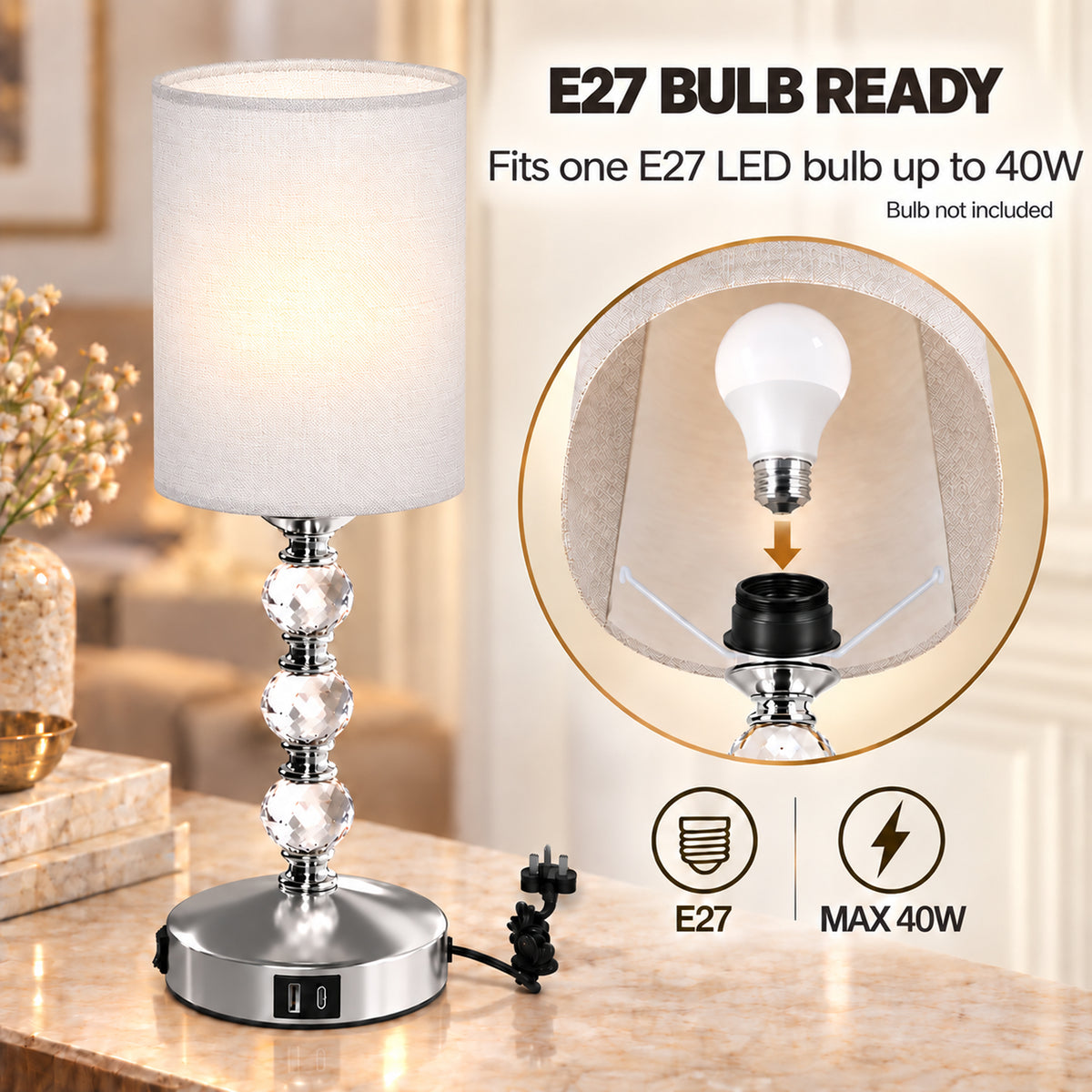 HOMCOM Bedside Lamp, Modern Crystal Decoration Table Lamp w/ PVC shade, USB A+C Charging Ports, Bulb Not Included, Silver Tone