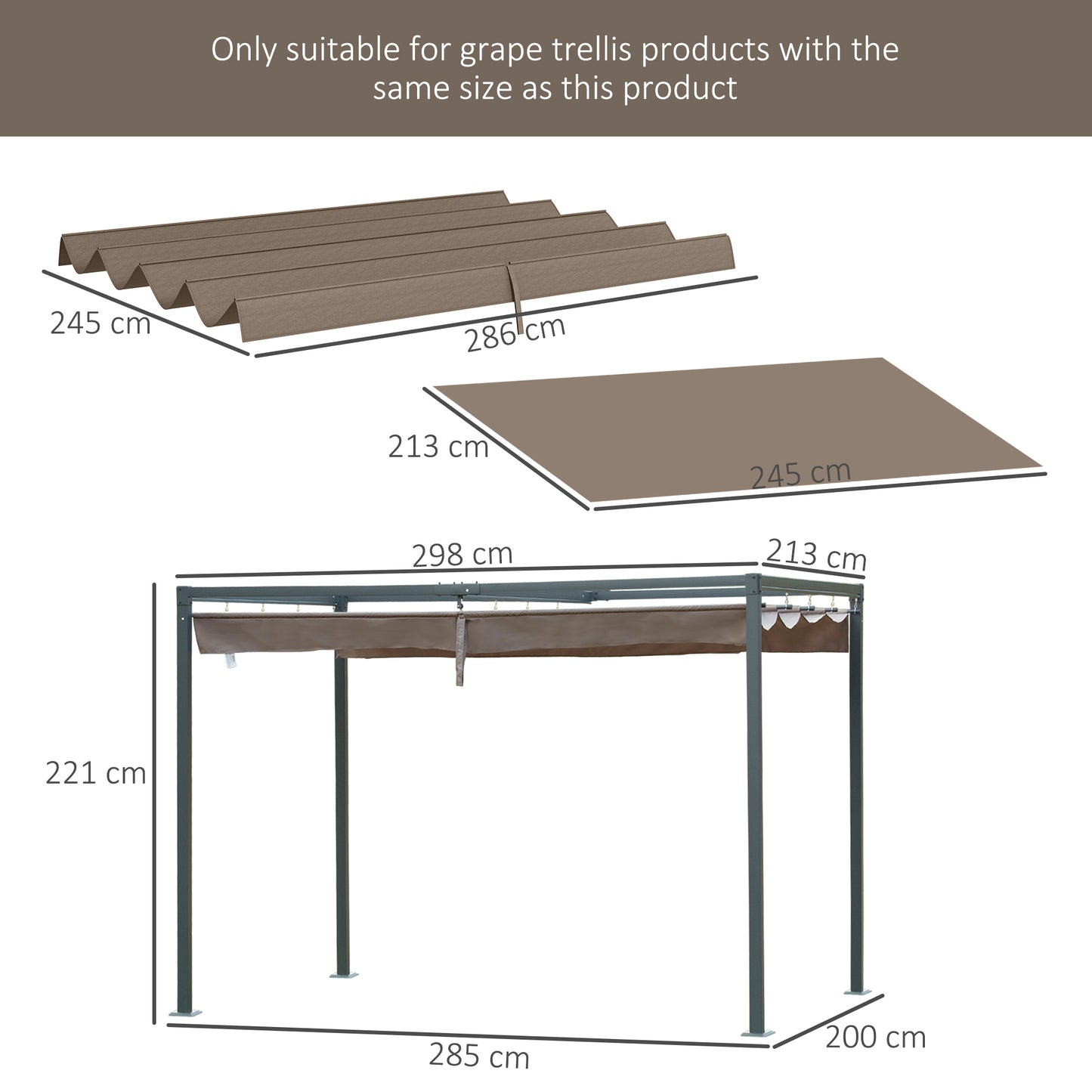 Outsunny Pergola Roof, Retractable Sun Shade Cover for 2.85 x 2m Pergola, UV30+ Protected, Coffee