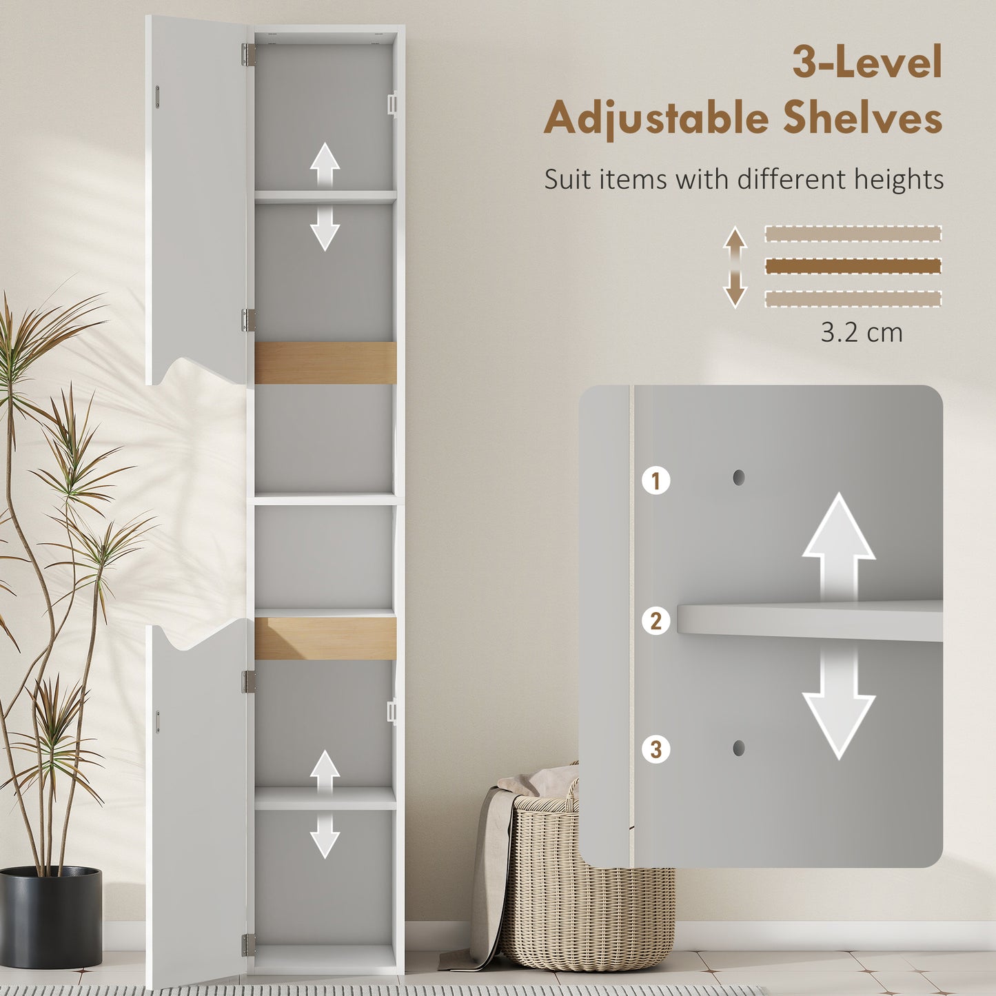 HOMCOM Tall Slim Bathroom Cabinet with 2 Doors, 2 Shelves - White