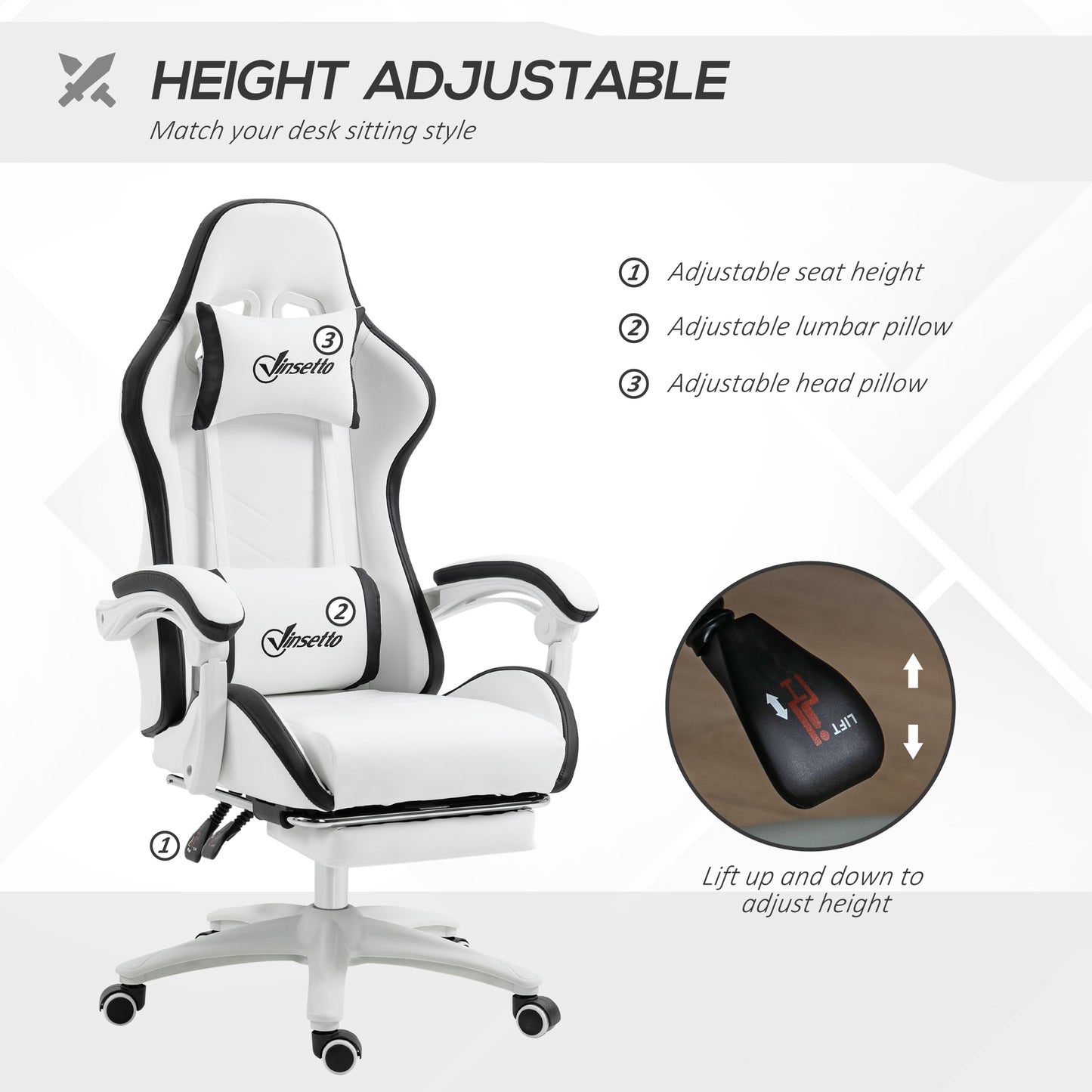 Vinsetto Computer Gaming Chair, PU Leather Office Desk Chair with Footrest, Swivel Wheels, 135Â° Reclining Back, Lumbar Support, Headrest for Home, White and Black
