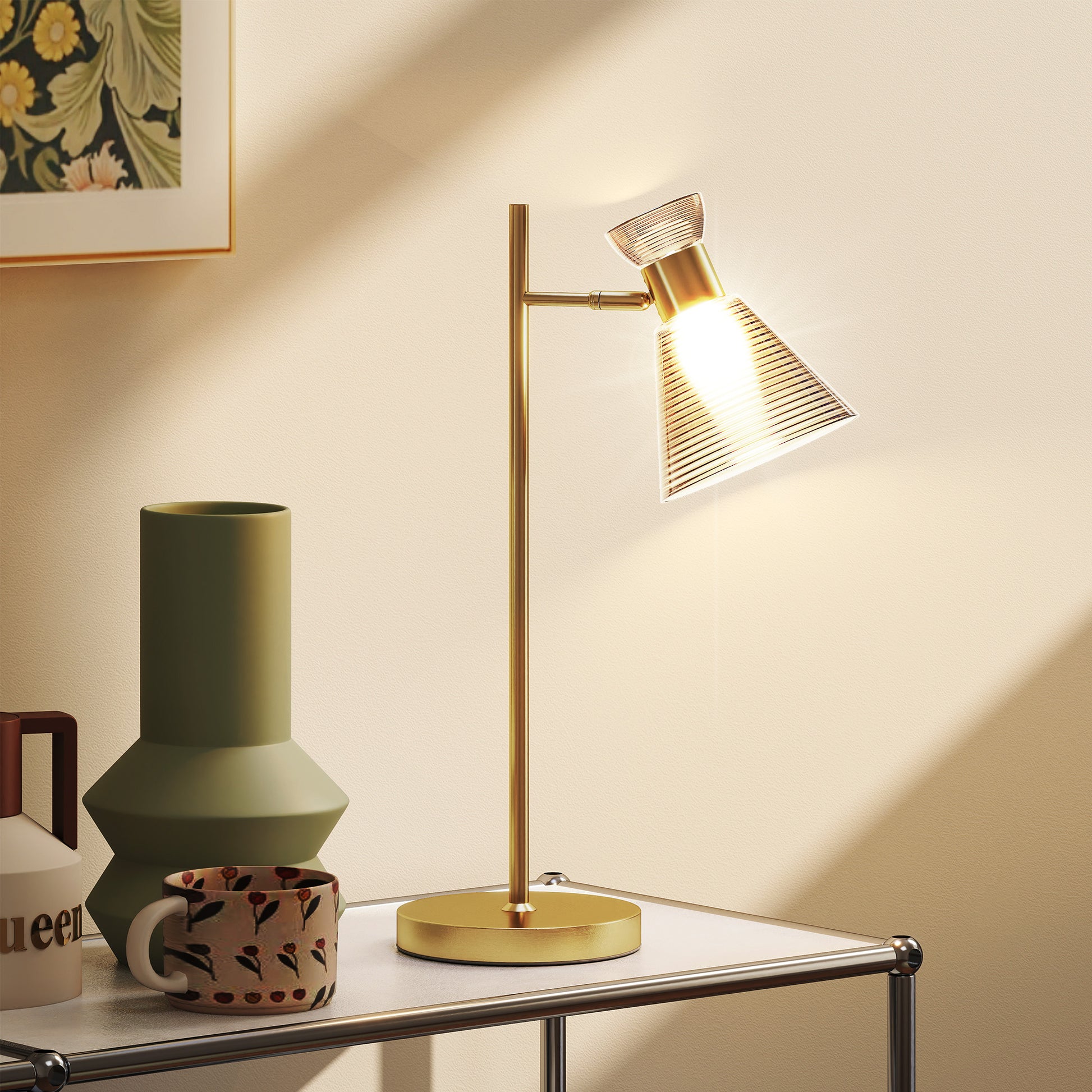 HOMCOM Modern Table Lamp, Bedside Lamp with Adjustable Flower-Shaped Head and E27 Socket for Living Room Bedroom Study, Bulb Not Included, Gold Tone