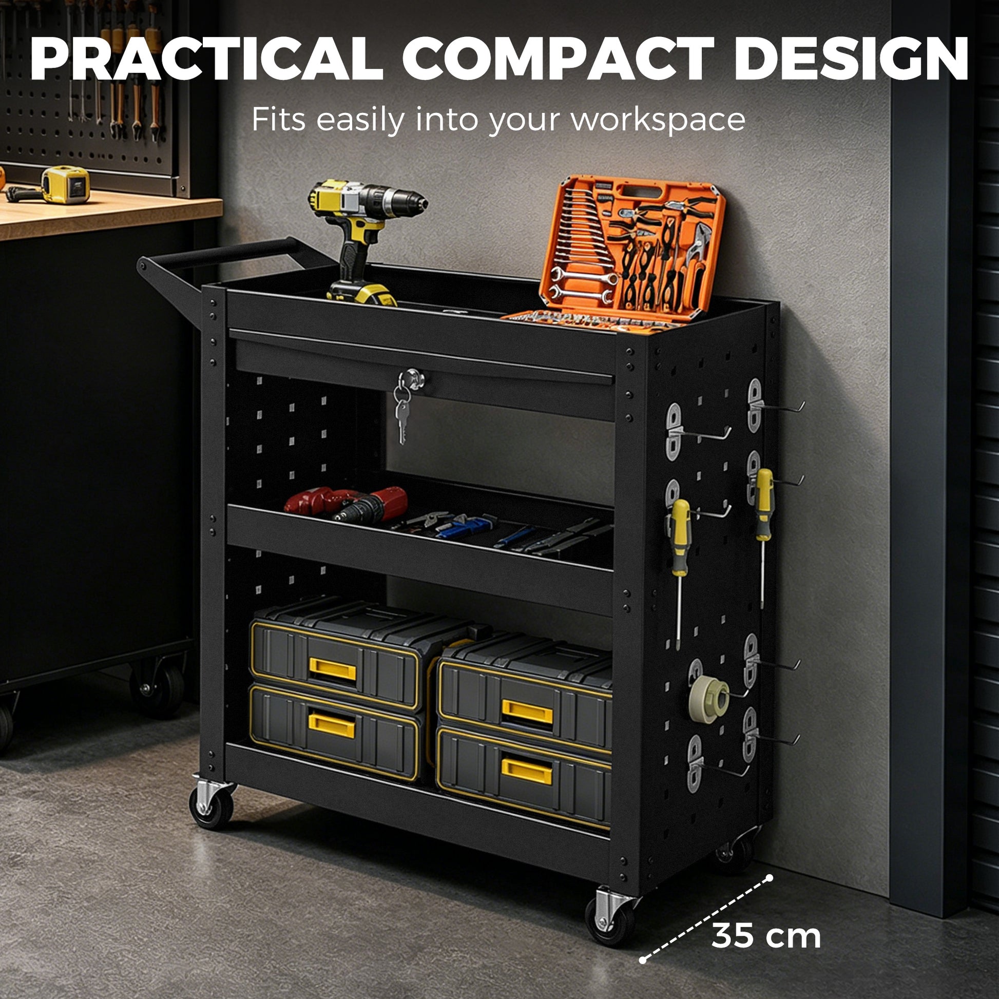 HOMCOM Tool Cart with Lockable Wheels, Rolling Workshop Cart with 3-Tier Trays, Drawer, Pegboards, Black