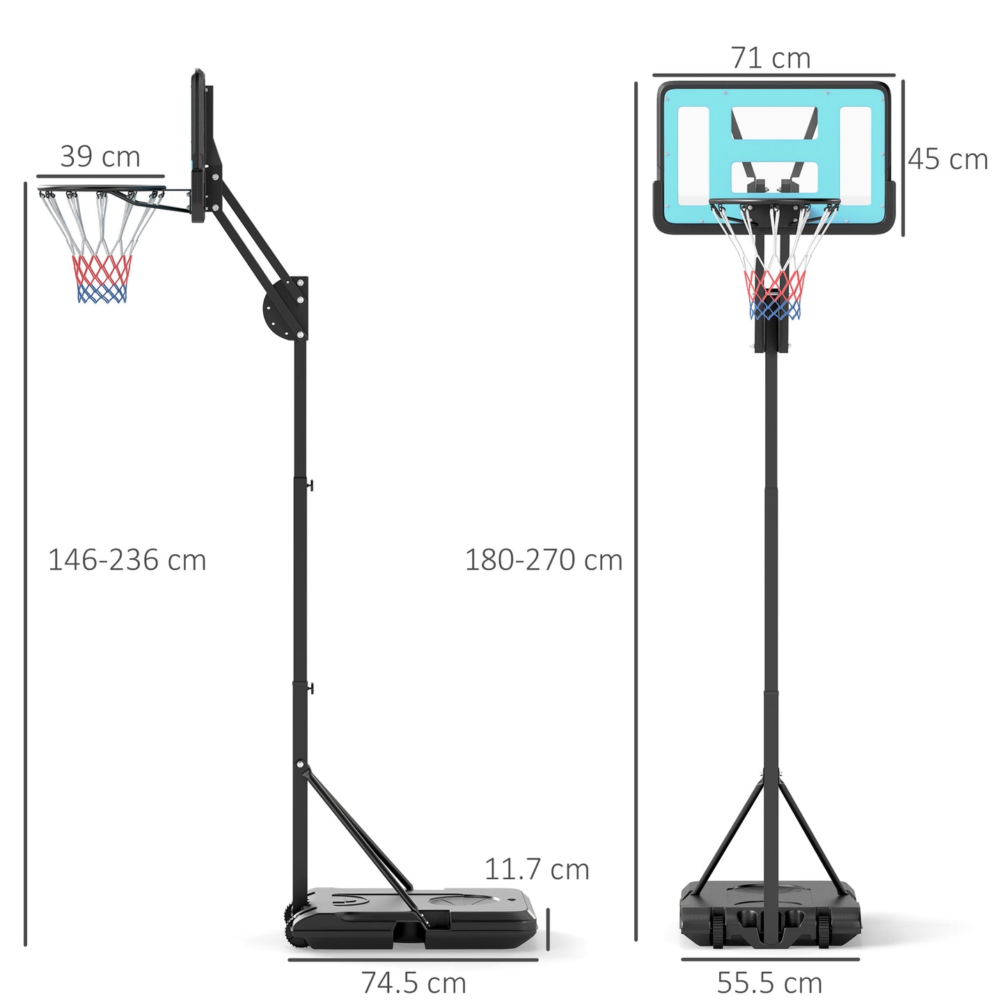 SPORTNOW Fully Adjustable Basketball Hoop Outdoor, 146-236cm Basketball Hoop and Stand with Weighted Base and Shatterproof Backboard, Portable on Wheels for Junior, Adults - LiamsBargains.co.uk