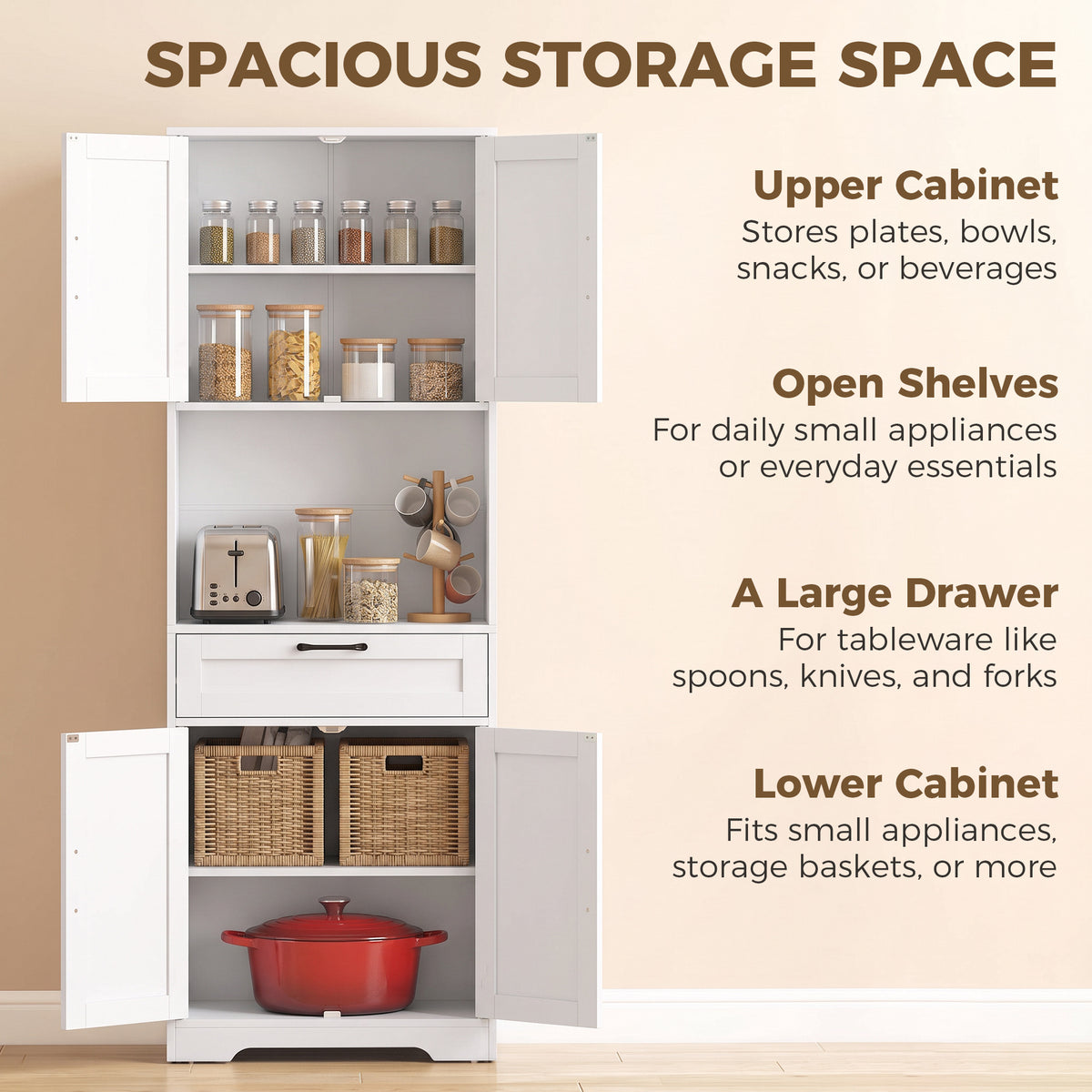 HOMCOM 170 cm Tall Kitchen Pantry with Adjustable Shelves, Freestanding Storage Cabinet with Open Shelf, White Wood Effect