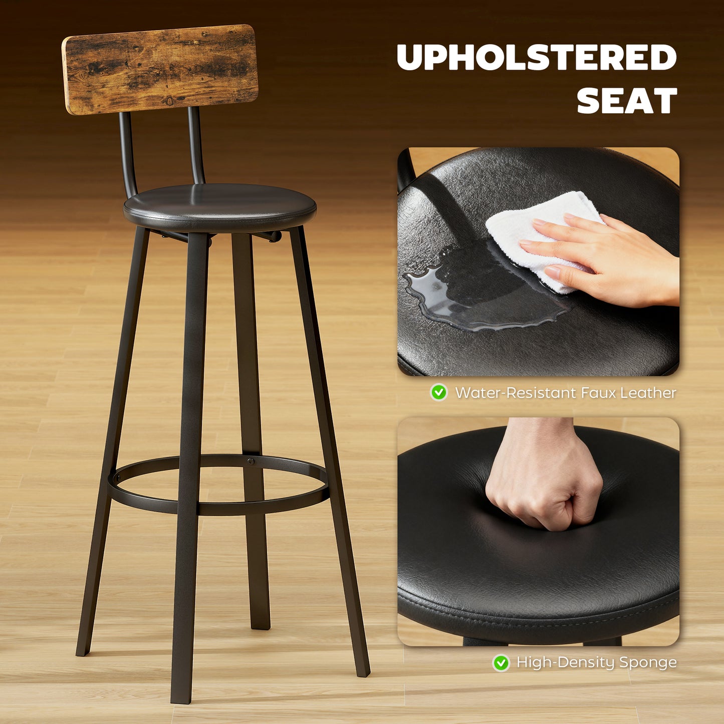 HOMCOM Upholstered Bar Stools Set of 2 with Backrest and Footrest - Rustic Brown and Black