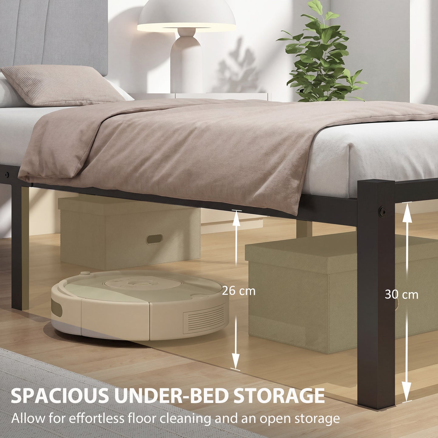 HOMCOM 3FT Single Bed Frame with Upholstered Headboard and Underbed Storage, Black and Light Grey