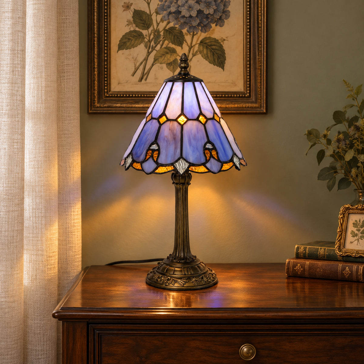 HOMCOM Tiffany-Style Table Lamp with Geometric Patterns, Handcrafted Antique Stained Glass Bedside Lamp, E27 Socket, Blue