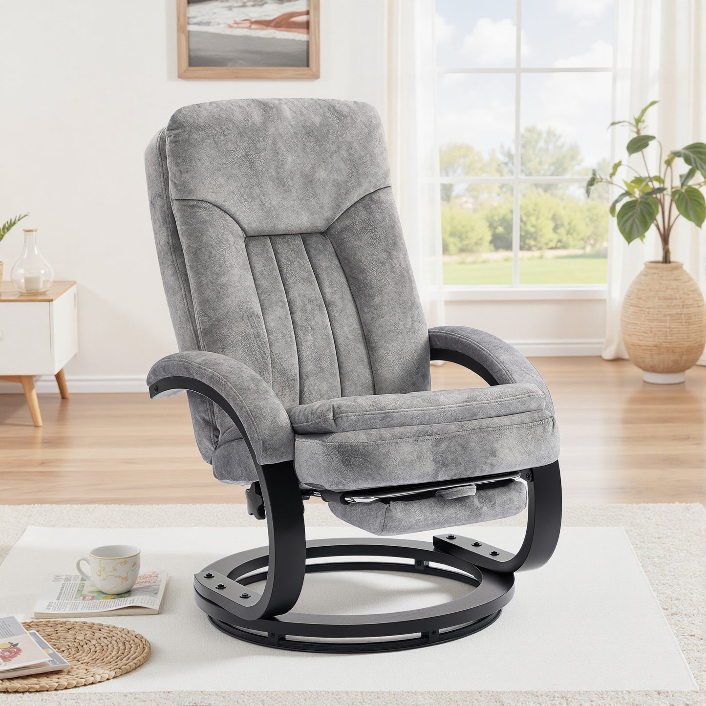 HOMCOM Swivel Recliner Chair with Footrest, Manual Recliner Armchair with Wooden Base, Plush Velvet Upholstered Reclining Chair for Living Room, Bedroom, Office, Grey
